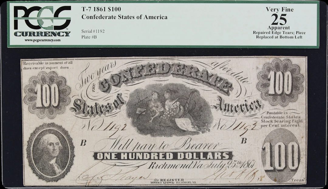 T-7. Confederate Currency. 1861 $100. PCGS Currency Very Fine 25 Apparent.