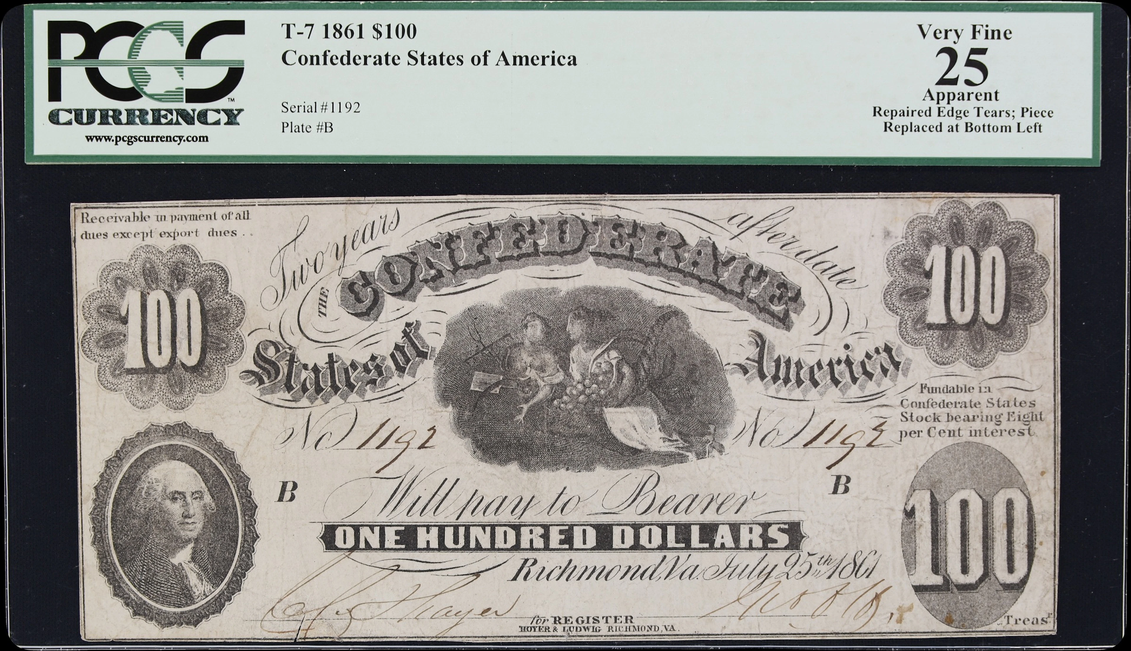 T-7. Confederate Currency. 1861 $100. PCGS Currency Very Fine 25 Apparent.