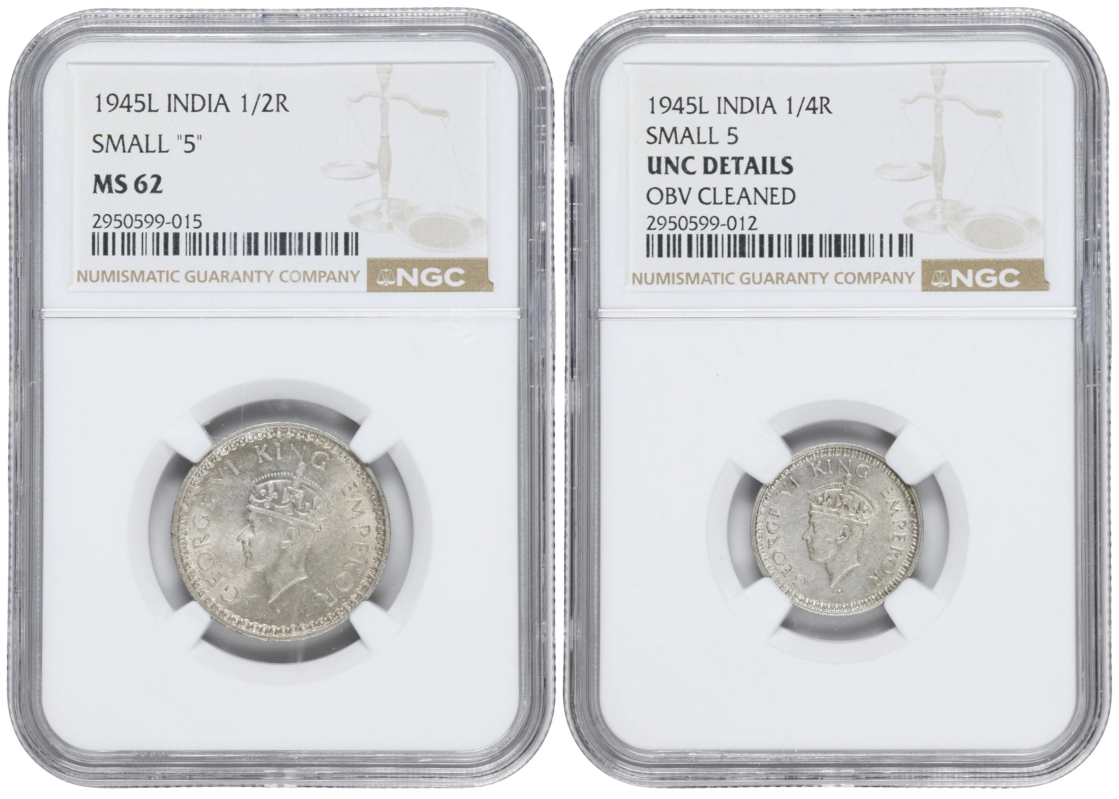 INDIA. Duo of Silver Denominations (2 Pieces), 1945-L. Lahore Mint.