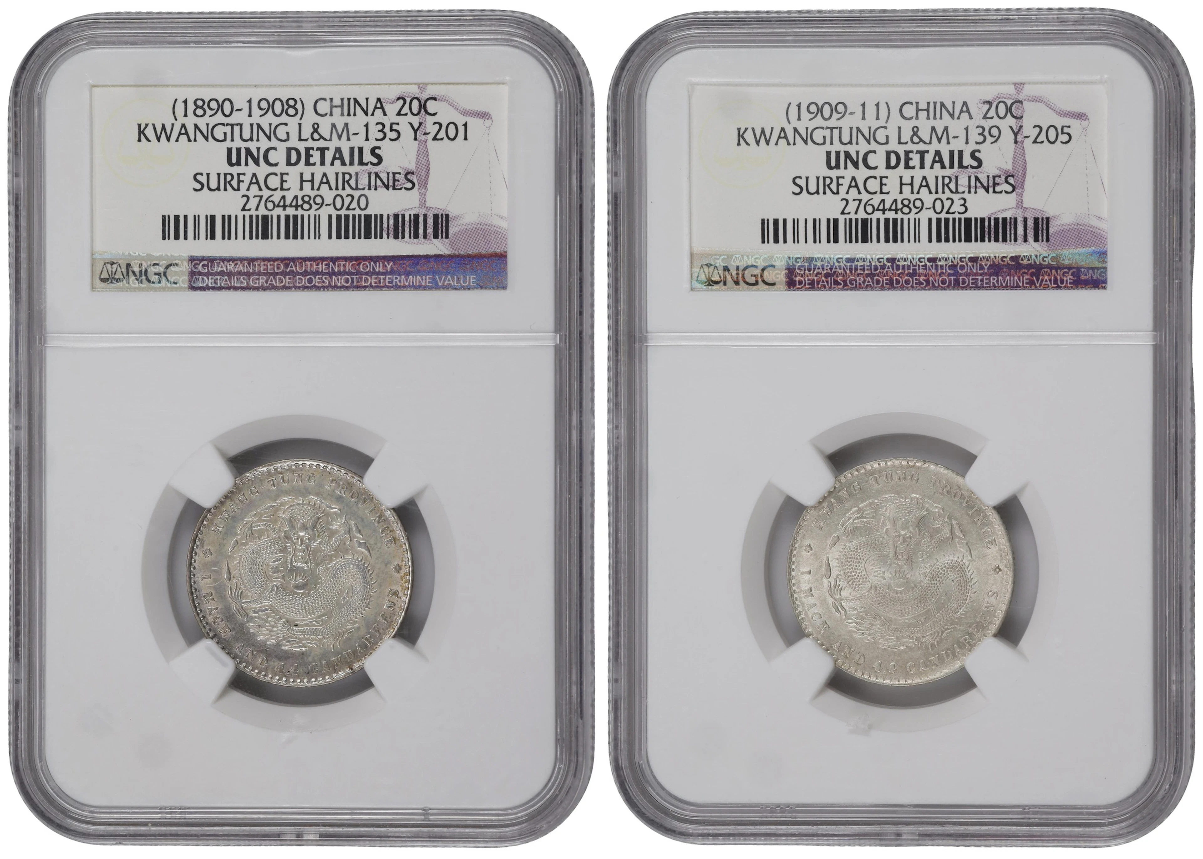 (t) CHINA. Kwangtung. Duo of 1 Mace 4.4 Candareens (20 Cents) (2 Pieces)
