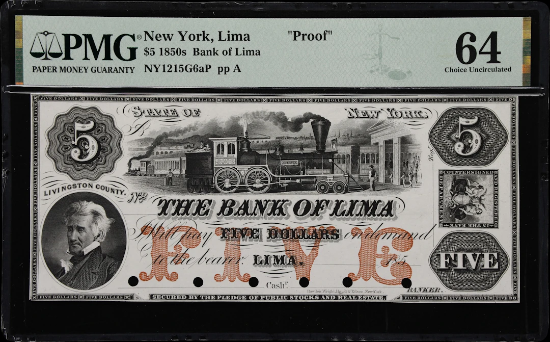 Lima, New York. Bank of Lima. 185x $5. PMG Choice Uncirculated 64. Proof.