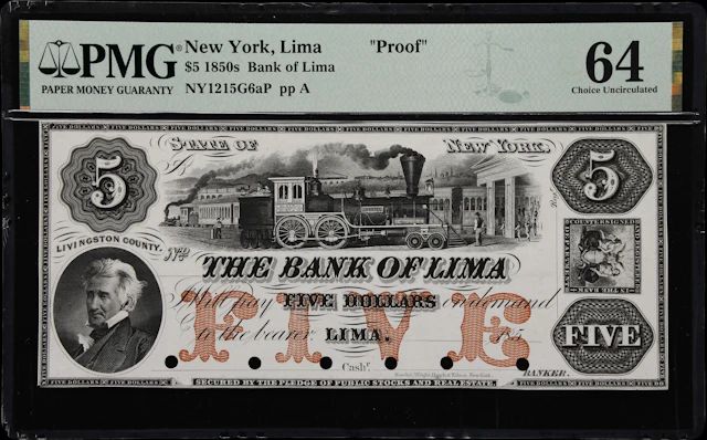 Lima, New York. Bank of Lima. 185x $5. PMG Choice Uncirculated 64. Proof.