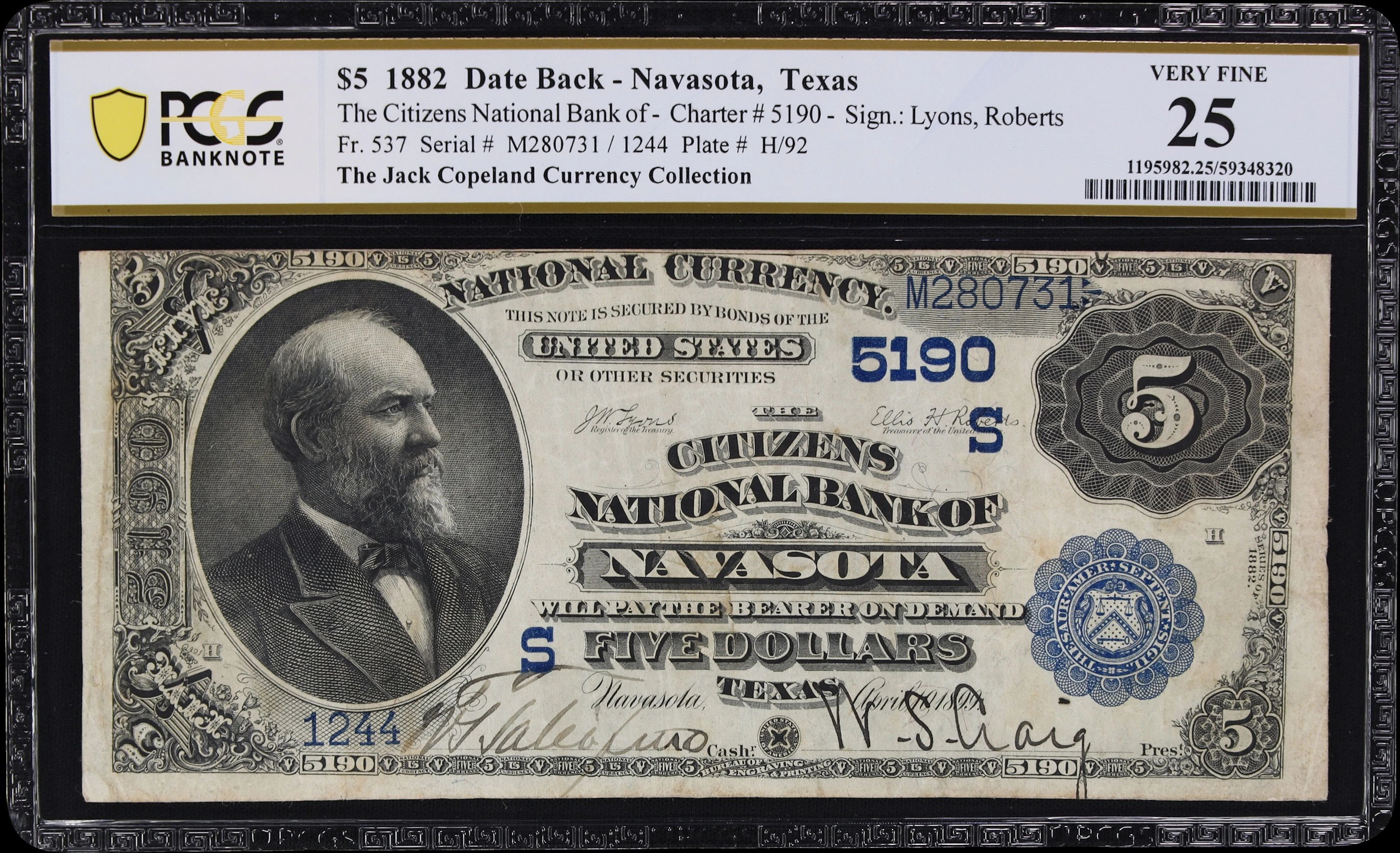 Navasota, Texas. $5 1882 Date Back. Fr. 537. Citizens NB. Charter