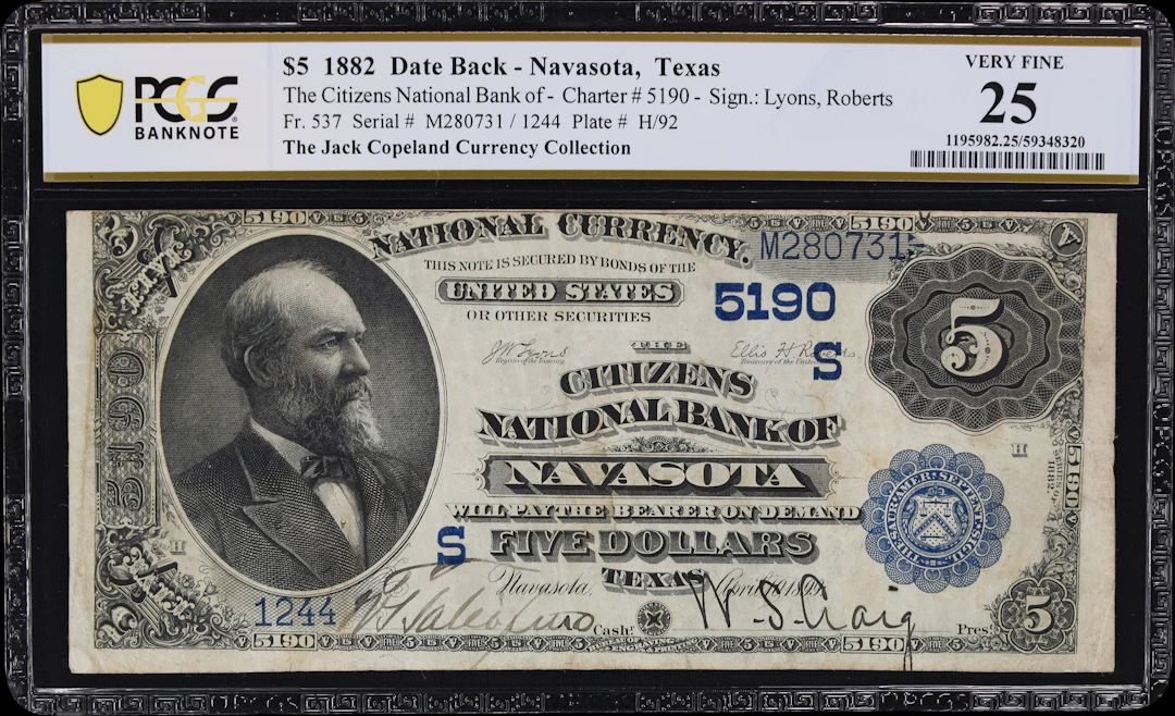 Navasota, Texas. $5 1882 Date Back. Fr. 537. Citizens NB. Charter