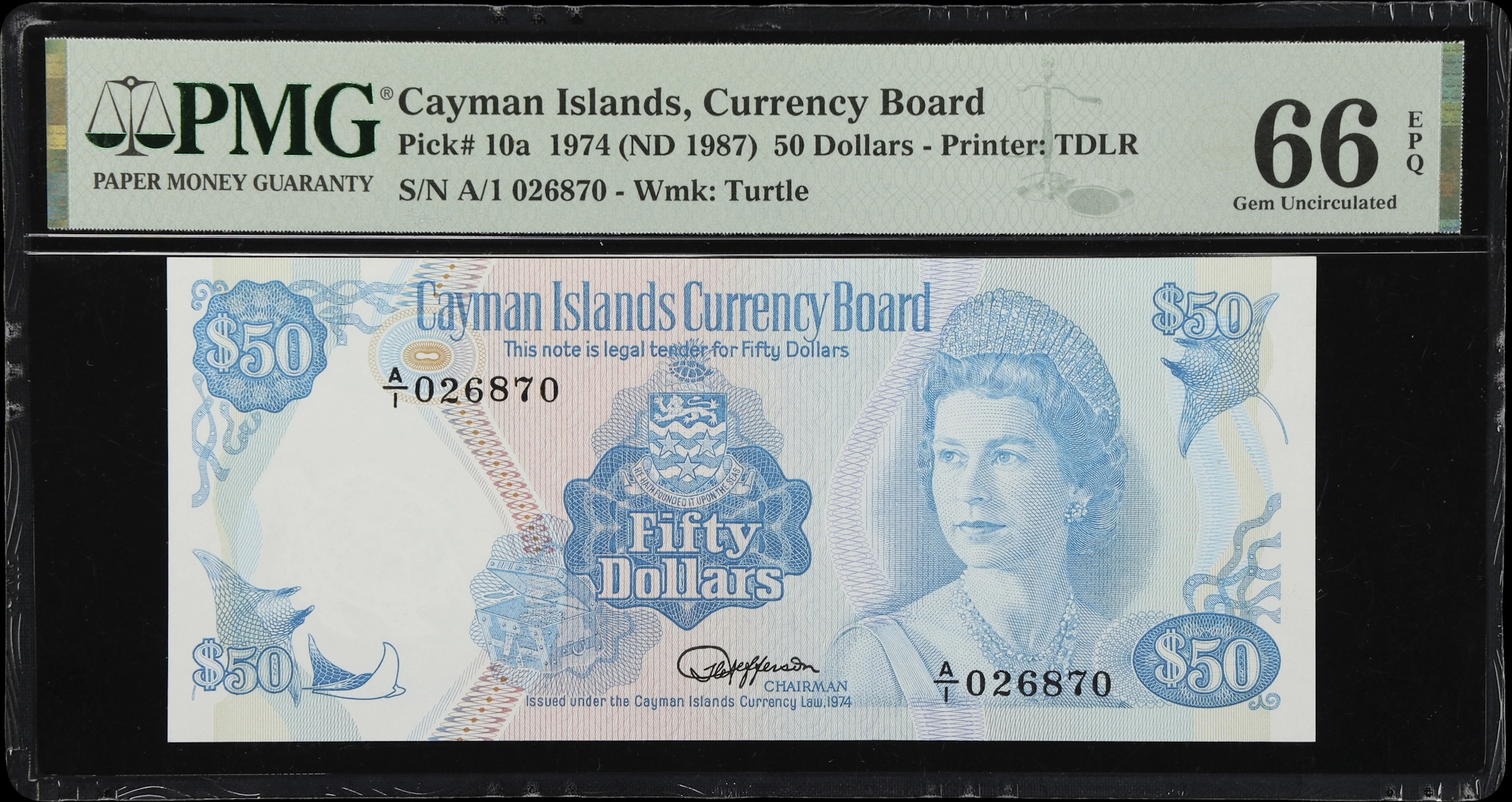 (◊) CAYMAN ISLANDS. Cayman Islands Currency Board. 50 Dollars, 1974
