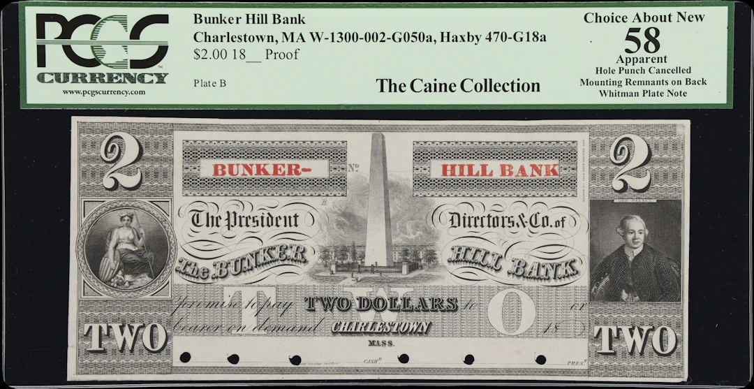 Charlestown, Massachusetts. Bunker Hill Bank. 18xx $2. PCGS Currency