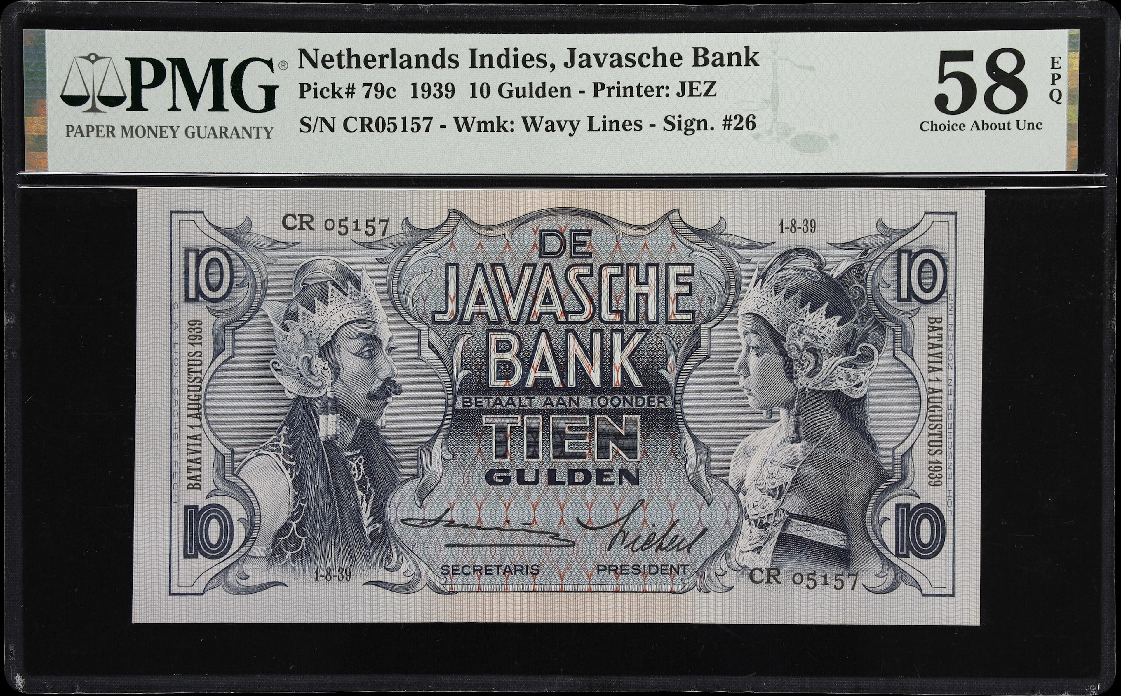 NETHERLANDS INDIES. Javasche Bank. 10 Gulden, 1.8.1939. P-79c. PMG