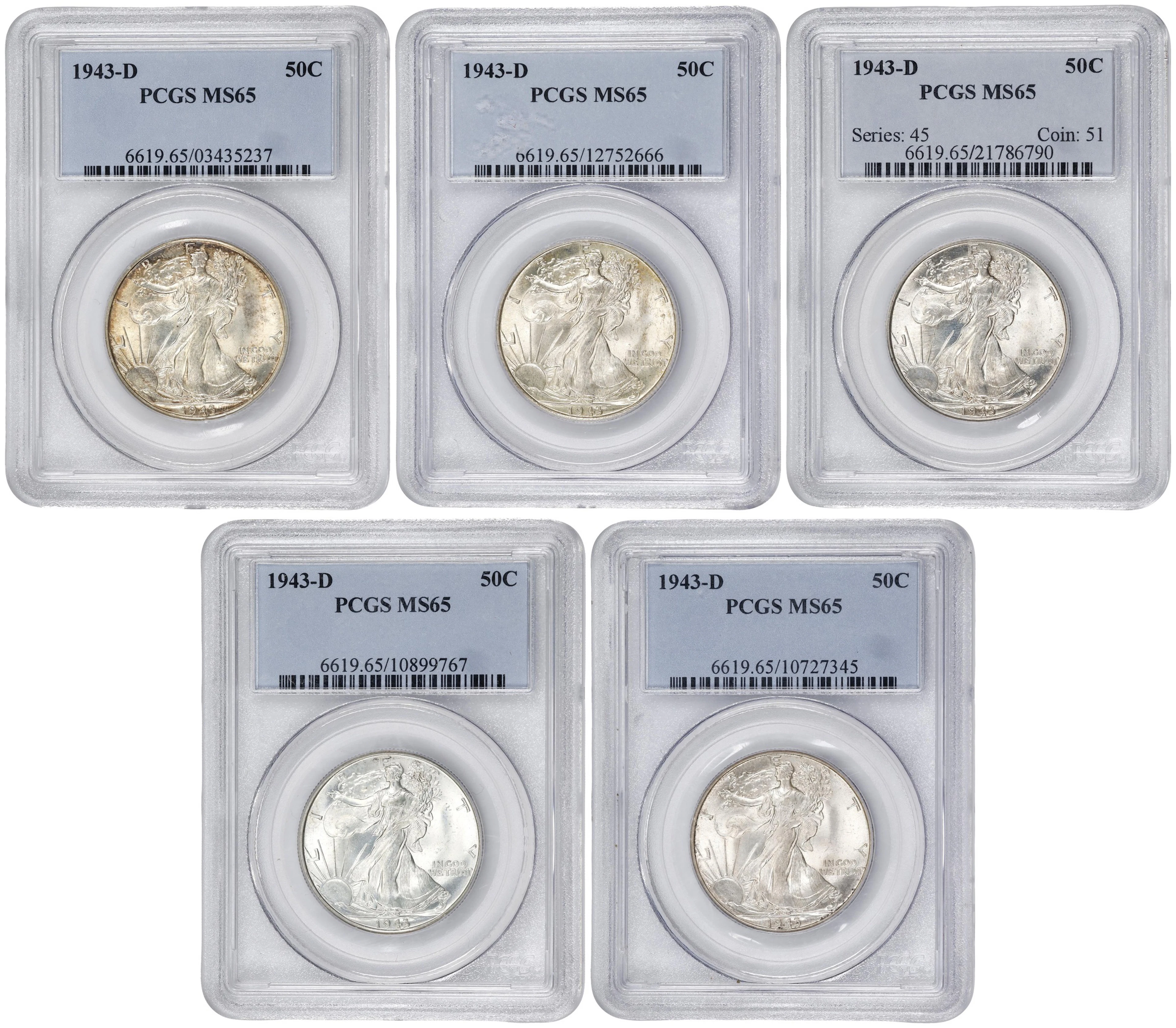 Lot of (5) 1943-D Walking Liberty Half Dollars. MS-65 (PCGS).