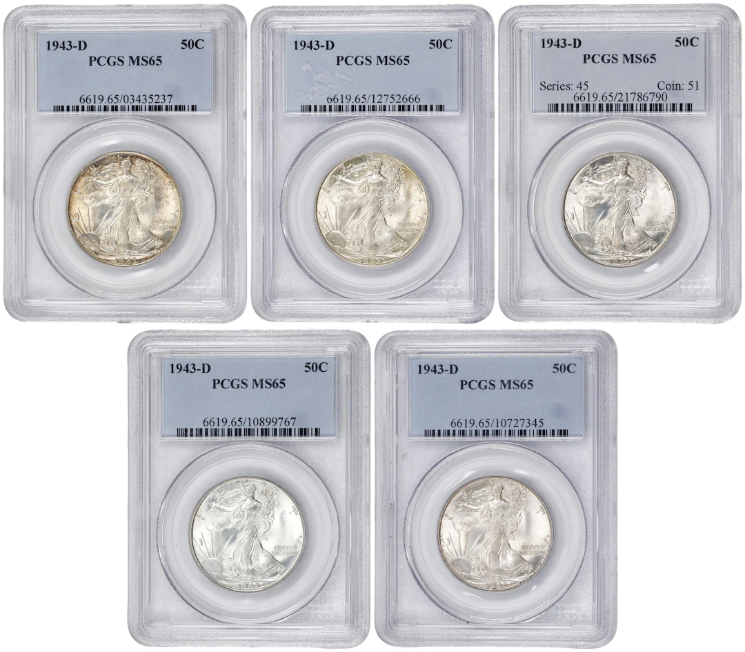 Lot of (5) 1943-D Walking Liberty Half Dollars. MS-65 (PCGS).