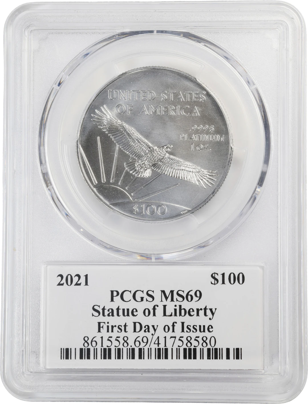 (1 oz, 31.104 g APtW). 2021 American Platinum Eagle $100. MS-69 (PCGS).