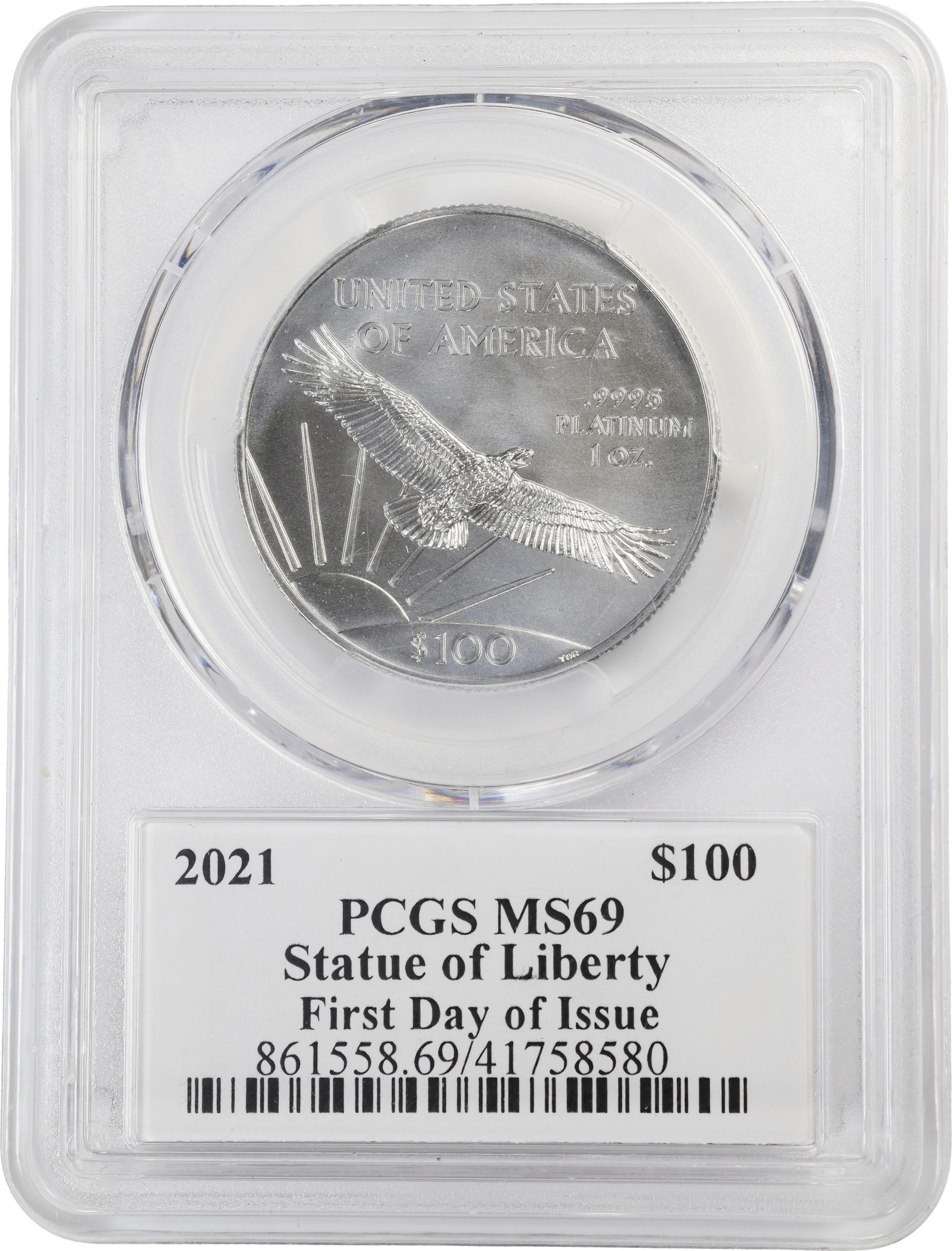 (1 oz, 31.104 g APtW). 2021 American Platinum Eagle $100. MS-69 (PCGS).