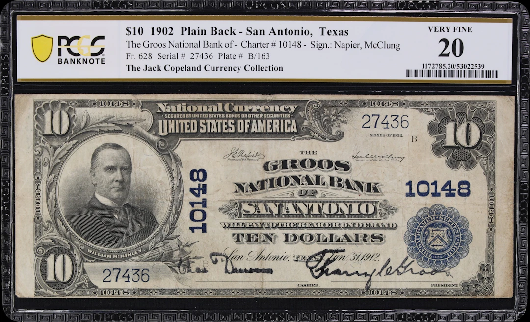 San Antonio, Texas. $10 1902 Plain Back. Fr. 628. Groos NB. Charter