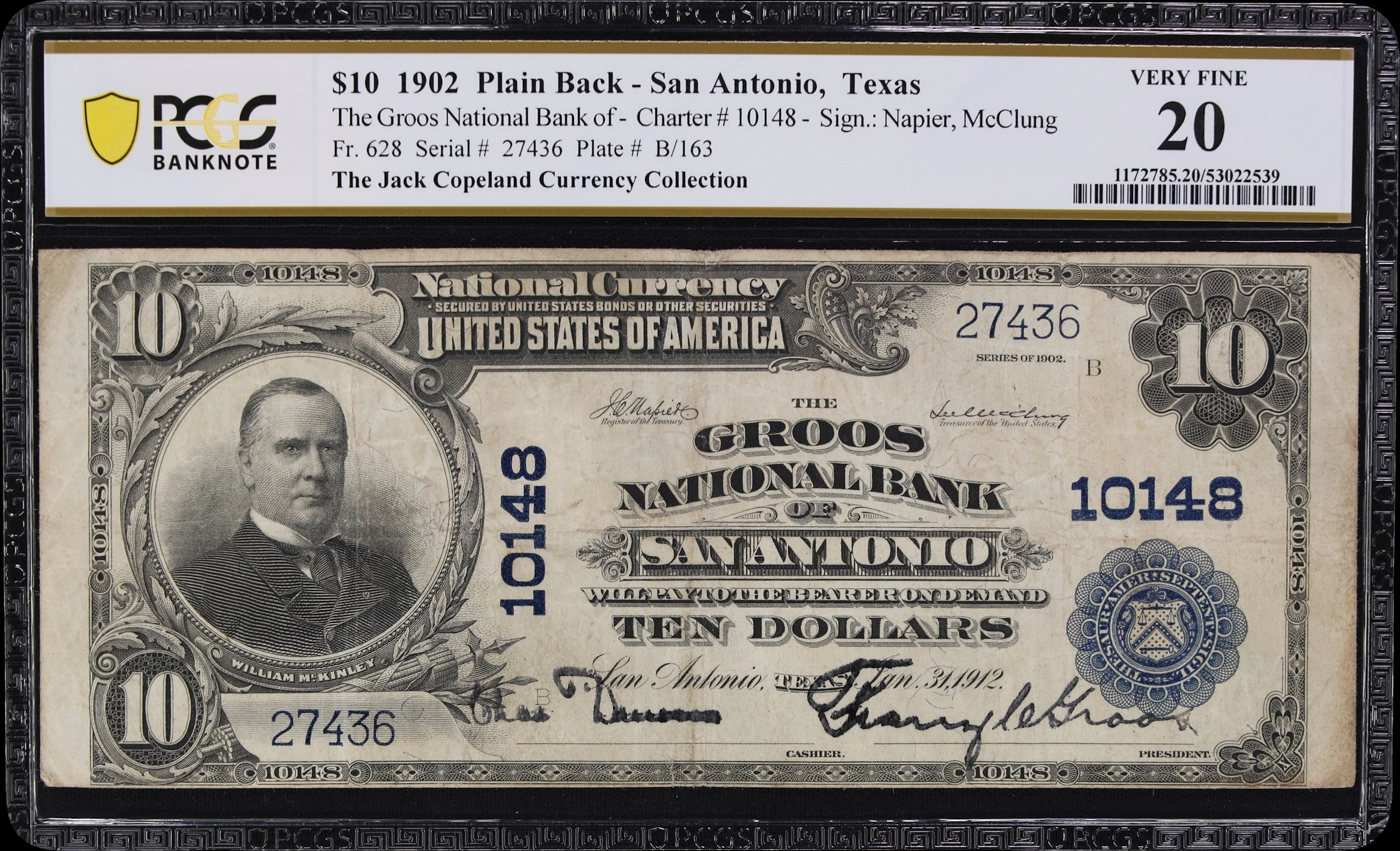 San Antonio, Texas. $10 1902 Plain Back. Fr. 628. Groos NB. Charter