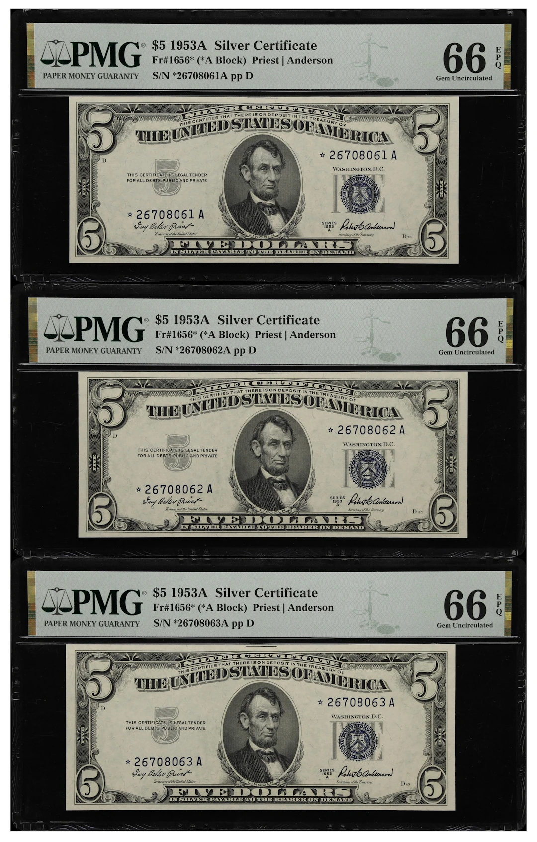 Lot of (3) Fr. 1656*. 1953A $5 Silver Certificate Star Notes. PMG