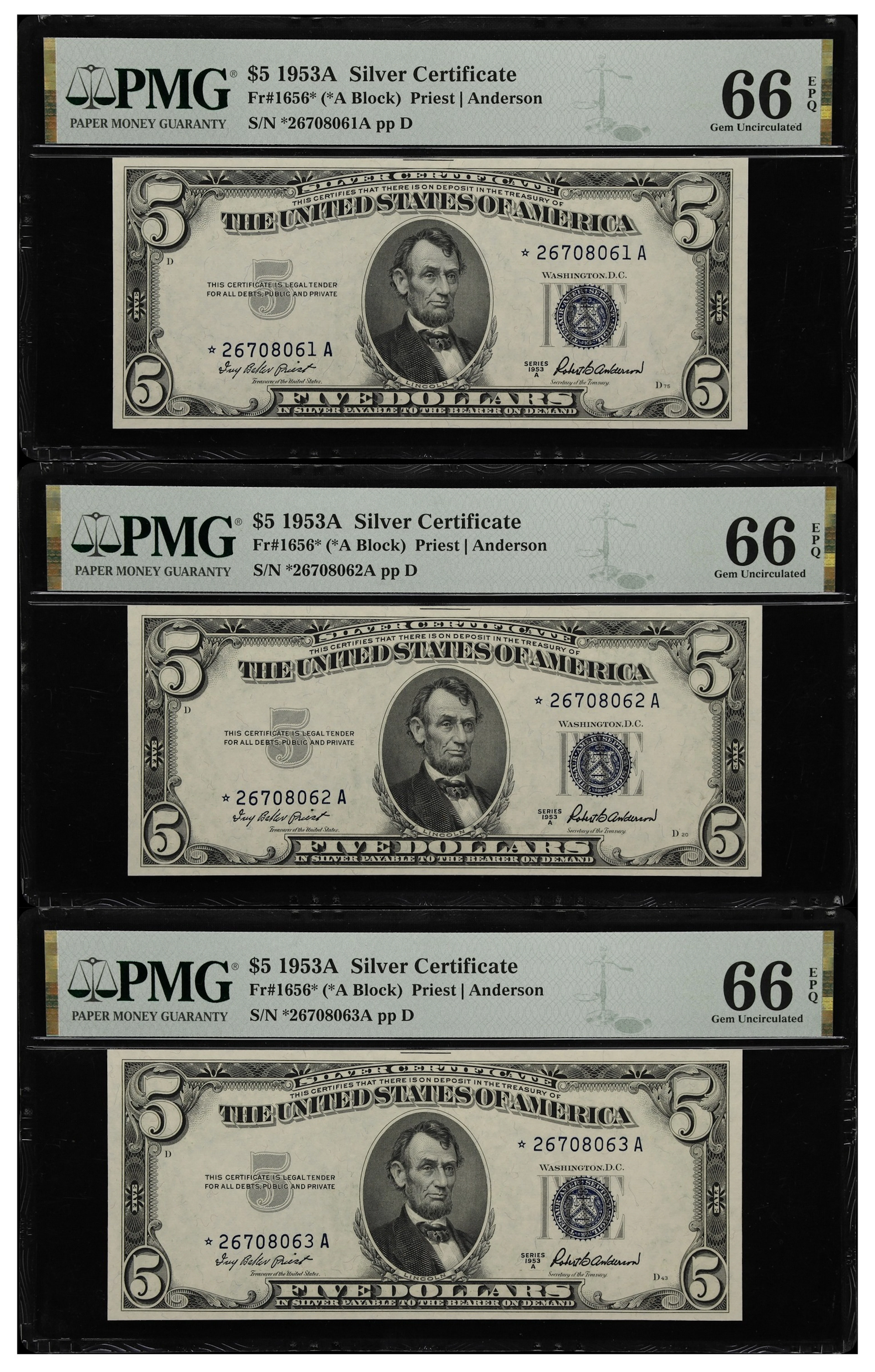 Lot of (3) Fr. 1656*. 1953A $5 Silver Certificate Star Notes. PMG