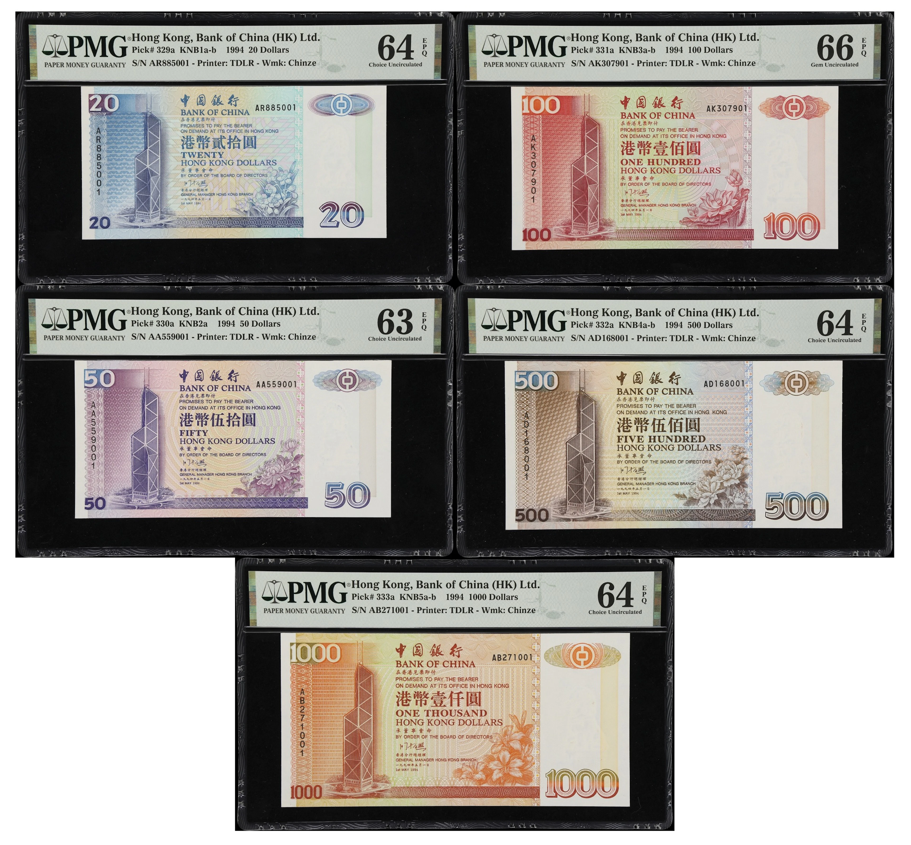 HONG KONG (SAR). Lot of (5). Bank of China. 20 to 1000 Dollars, 1.5.1994.