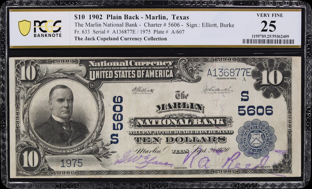 Marlin, Texas. $10 1902 Plain Back. Fr. 633. Marlin NB. Charter #5606.