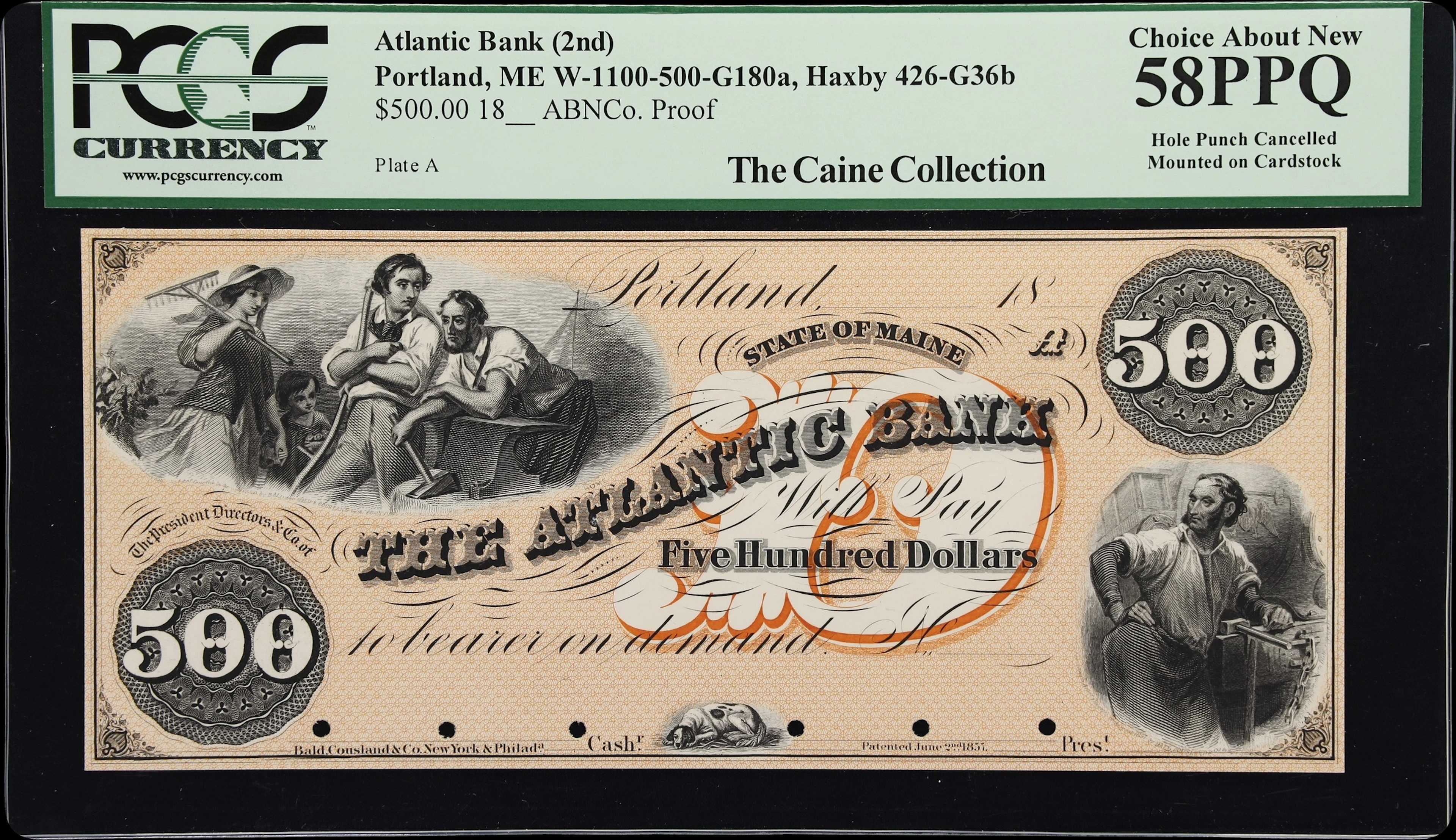Portland, Maine. Atlantic Bank. 18xx $500. PCGS Currency Choice About