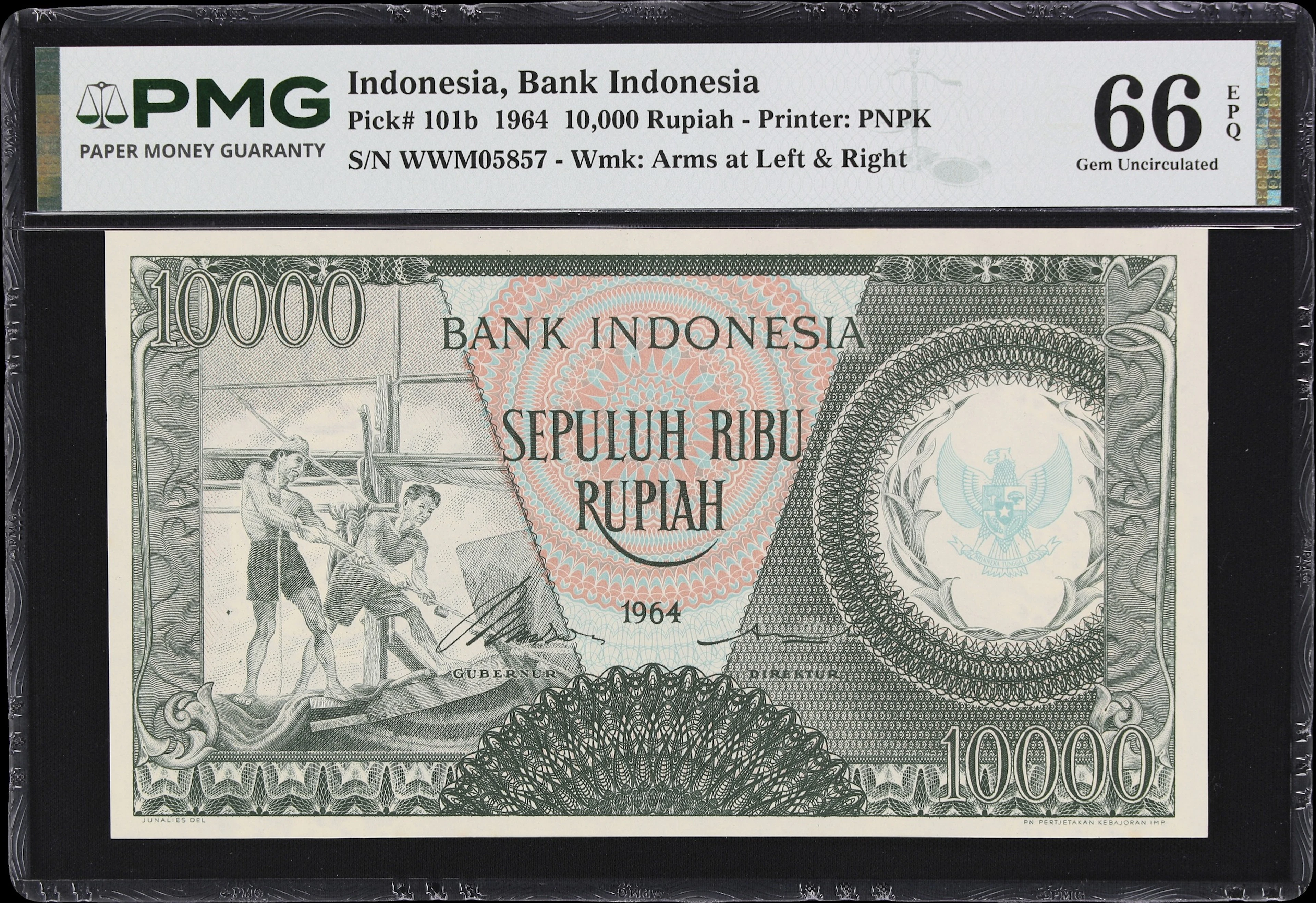 INDONESIA. Bank Indonesia. 10,000 Rupiah, 1964. P-101b. PMG Gem Uncirculated