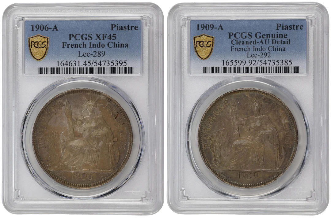 FRENCH INDO-CHINA. Duo of Piastres (2 Pieces), 1906 & 1909. Paris