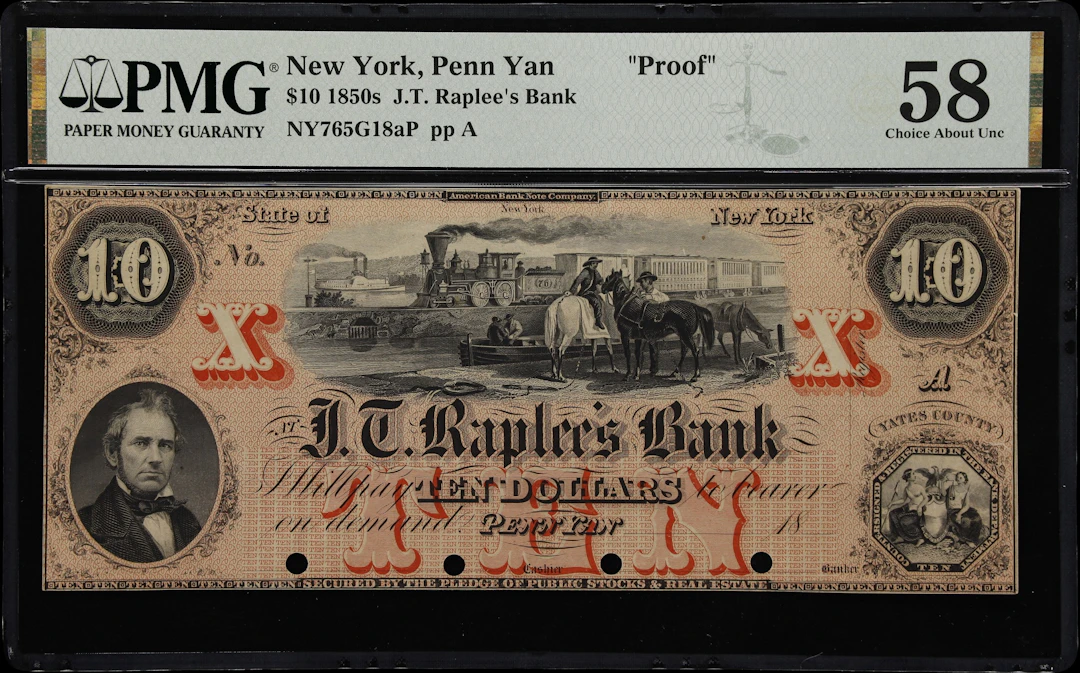 Penn Yan, New York. J.T. Raplee's Bank. 18xx $10. PMG Choice About