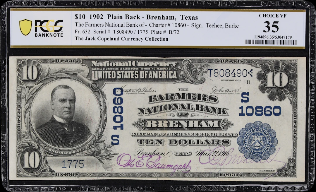 Brenham, Texas. $10 1902 Plain Back. Fr. 632. Farmers NB. Charter