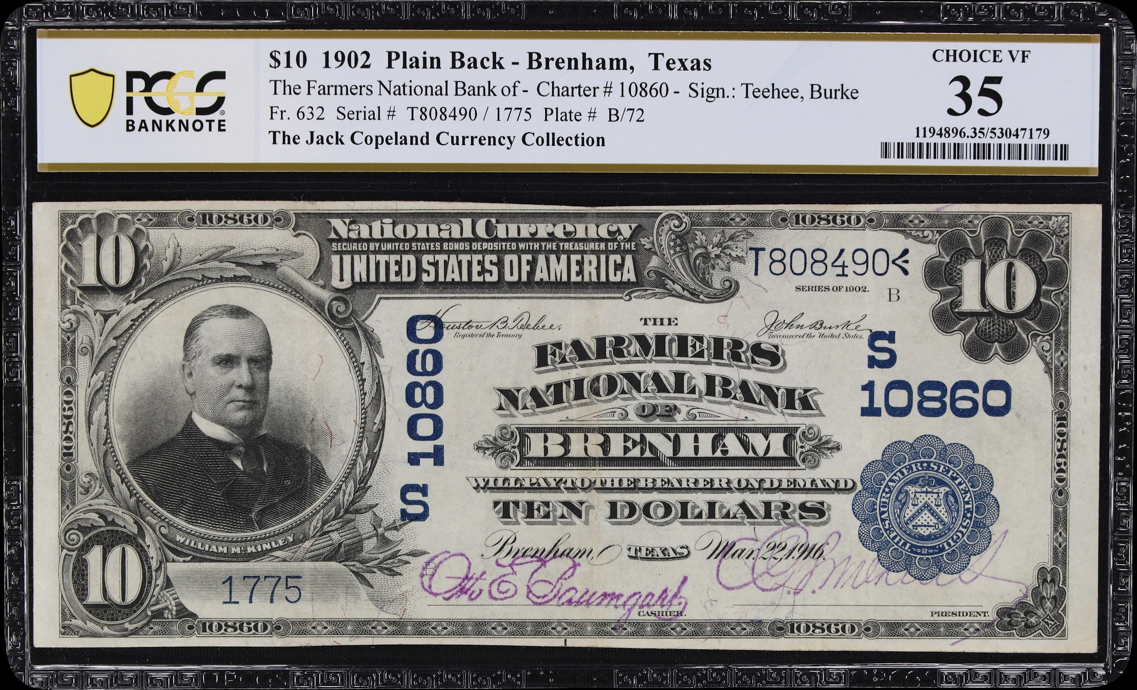 Brenham, Texas. $10 1902 Plain Back. Fr. 632. Farmers NB. Charter