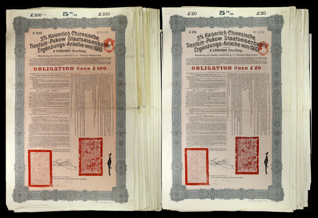 CHINA--EMPIRE. Lot of (24). 1910 5% Imperial Chinese Government Tientsin-Pukow