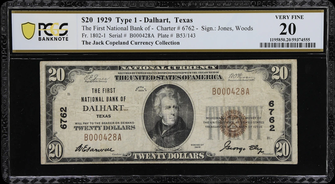 Dalhart, Texas. $20 1929 Ty. 1. Fr. 1802-1. First NB. Charter #6762.