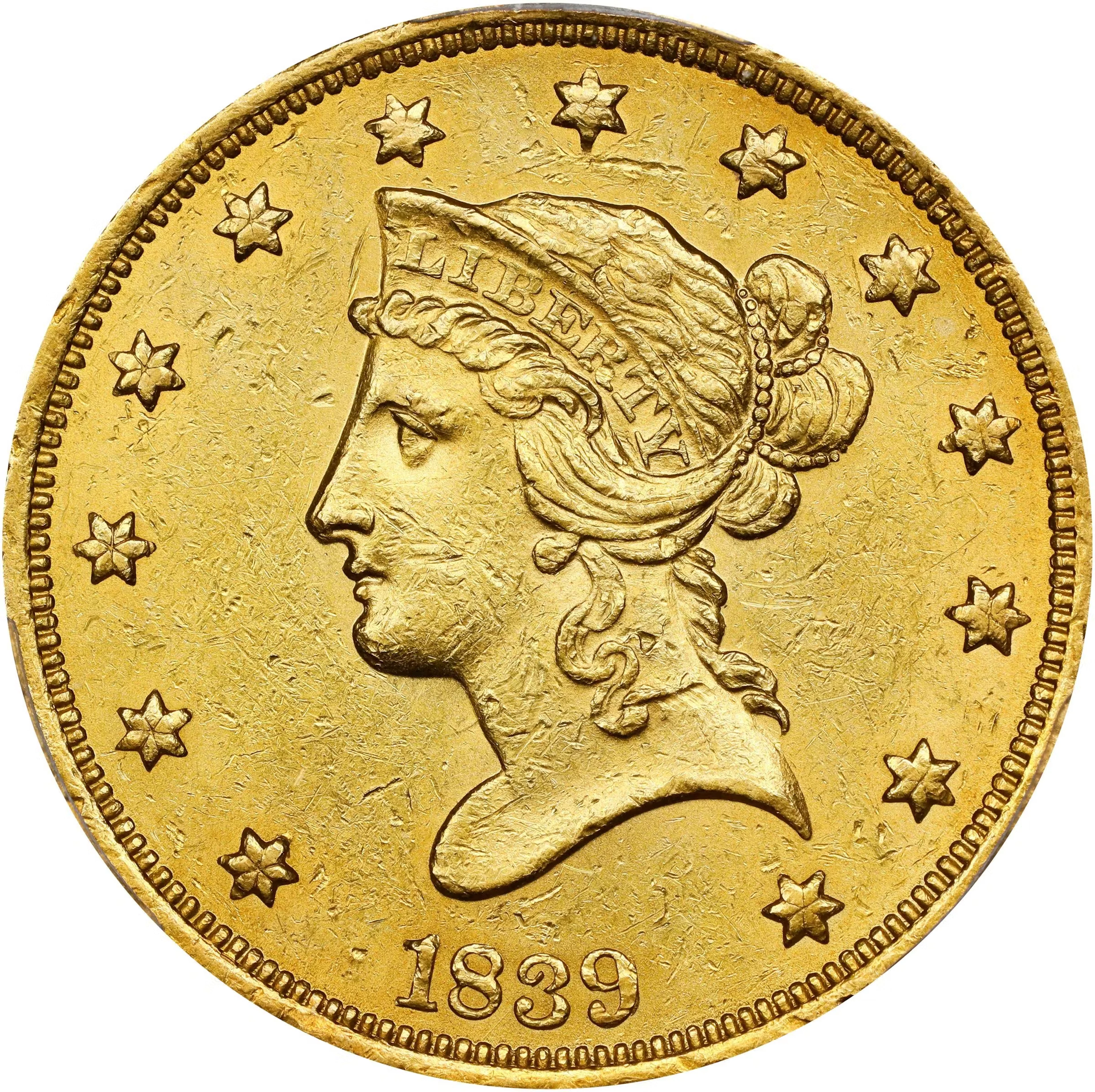 1839/8 Liberty Head Eagle. Type of 1838, Large Letters. MS-61 (PCGS).