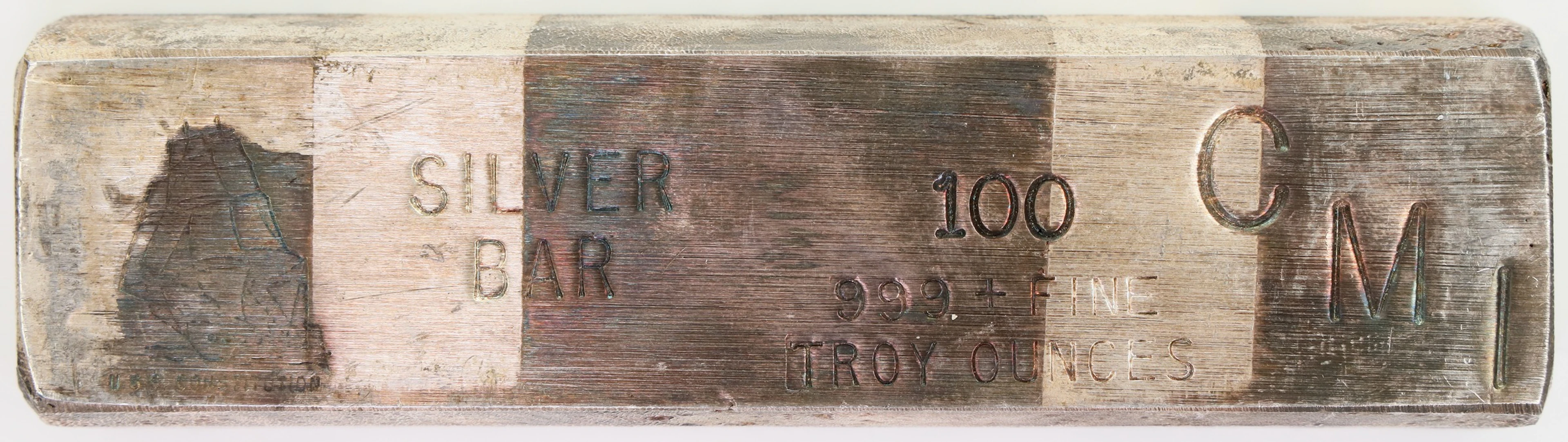 (100 oz, 3110.4 g ASW). CMI U.S.S. Constitution 100 oz Silver Bar.