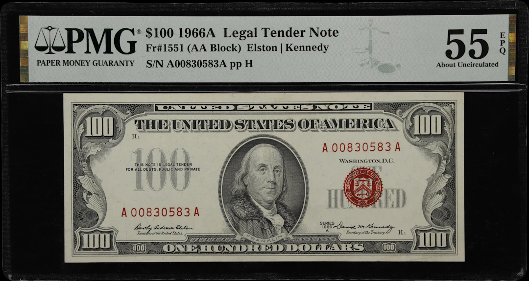 Fr. 1551. 1966A $100 Legal Tender Note. PMG About Uncirculated 55 EPQ.