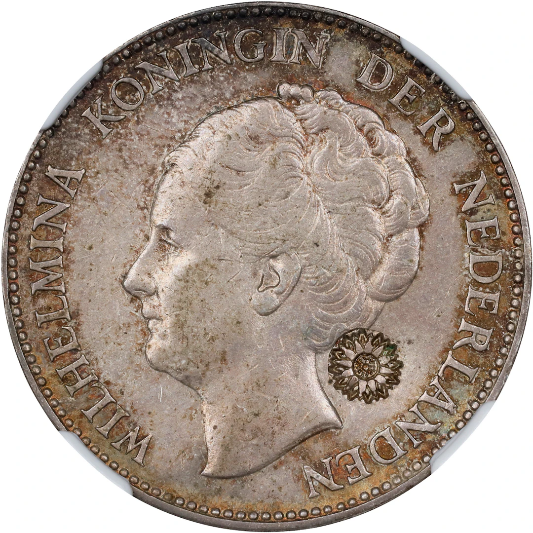 NETHERLANDS. Countermarked Gulden, 1929. Wilhelmina I. NGC EF-45;