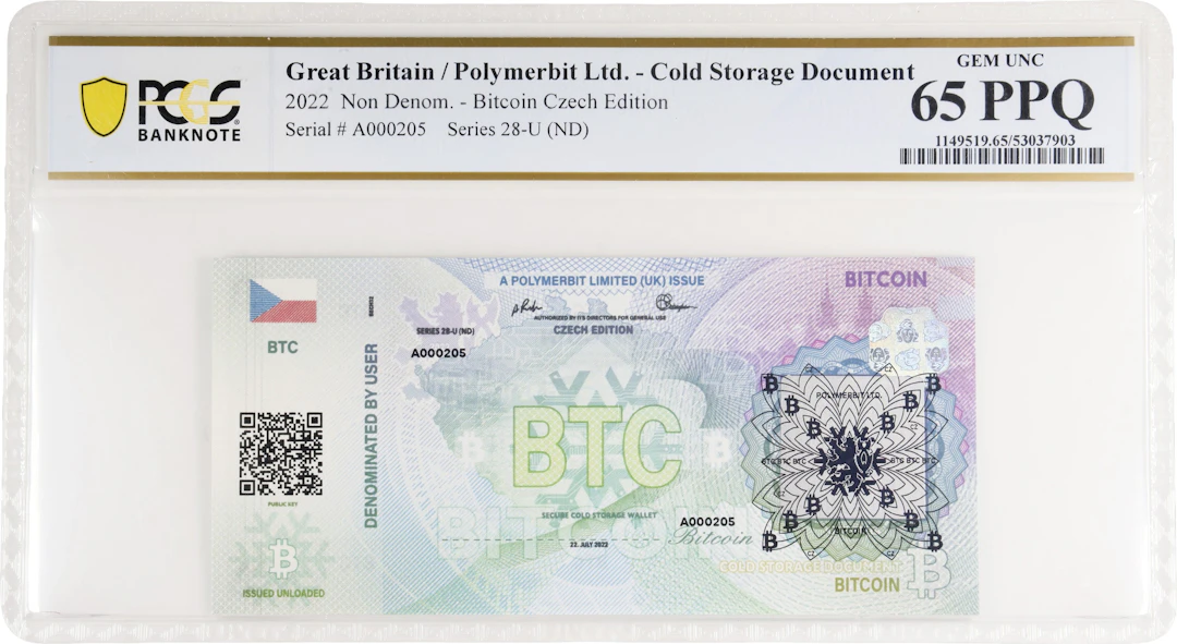Unfunded 2022 Polymerbit Bitcoin Banknote. Czech Edition. Serial No.