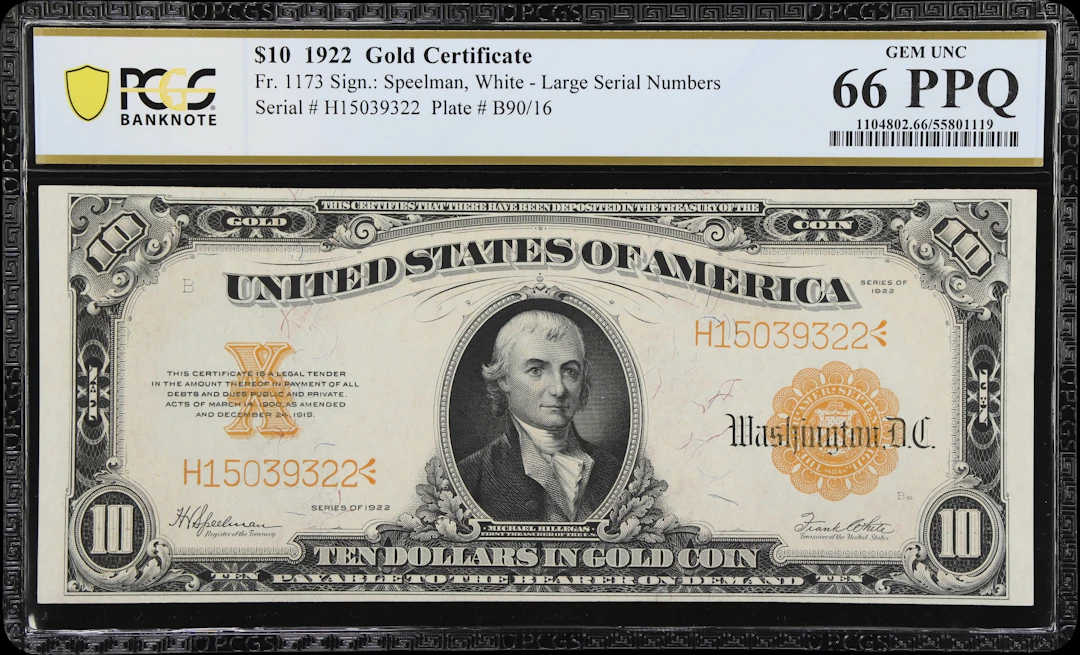 Fr. 1173. 1922 $10 Gold Certificate. PCGS Banknote Gem Uncirculated 66 PPQ.