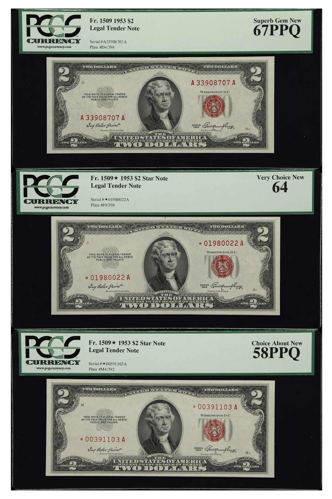Lot of (3) Fr. 1509 & 1509*. 1953 $2 Legal Tender Notes. PCGS Currency