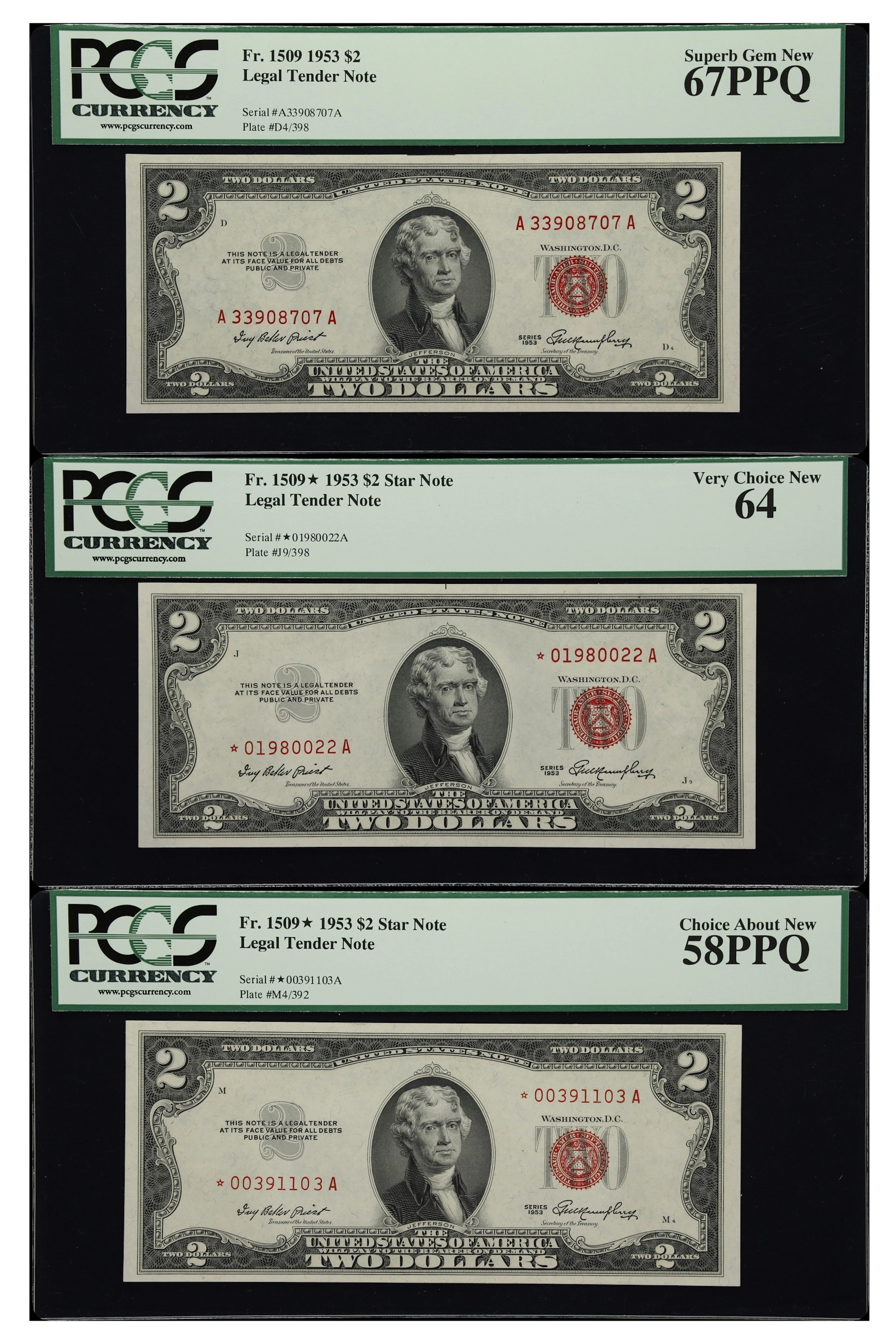 Lot of (3) Fr. 1509 & 1509*. 1953 $2 Legal Tender Notes. PCGS Currency