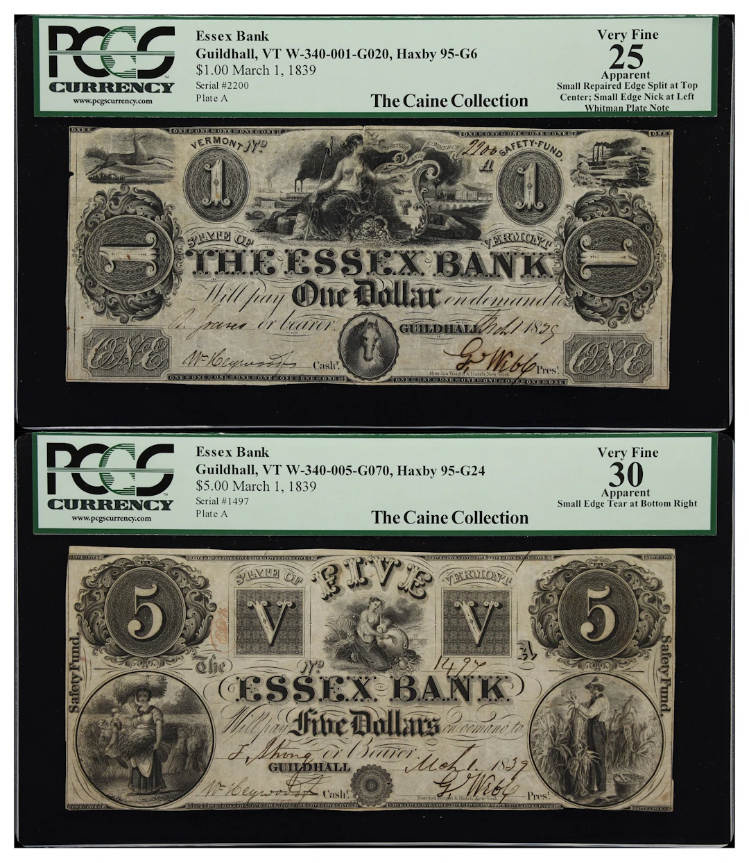 Lot of (2) Guildhall, Vermont. Essex Bank. 1839 $1 & $5. PCGS Currency