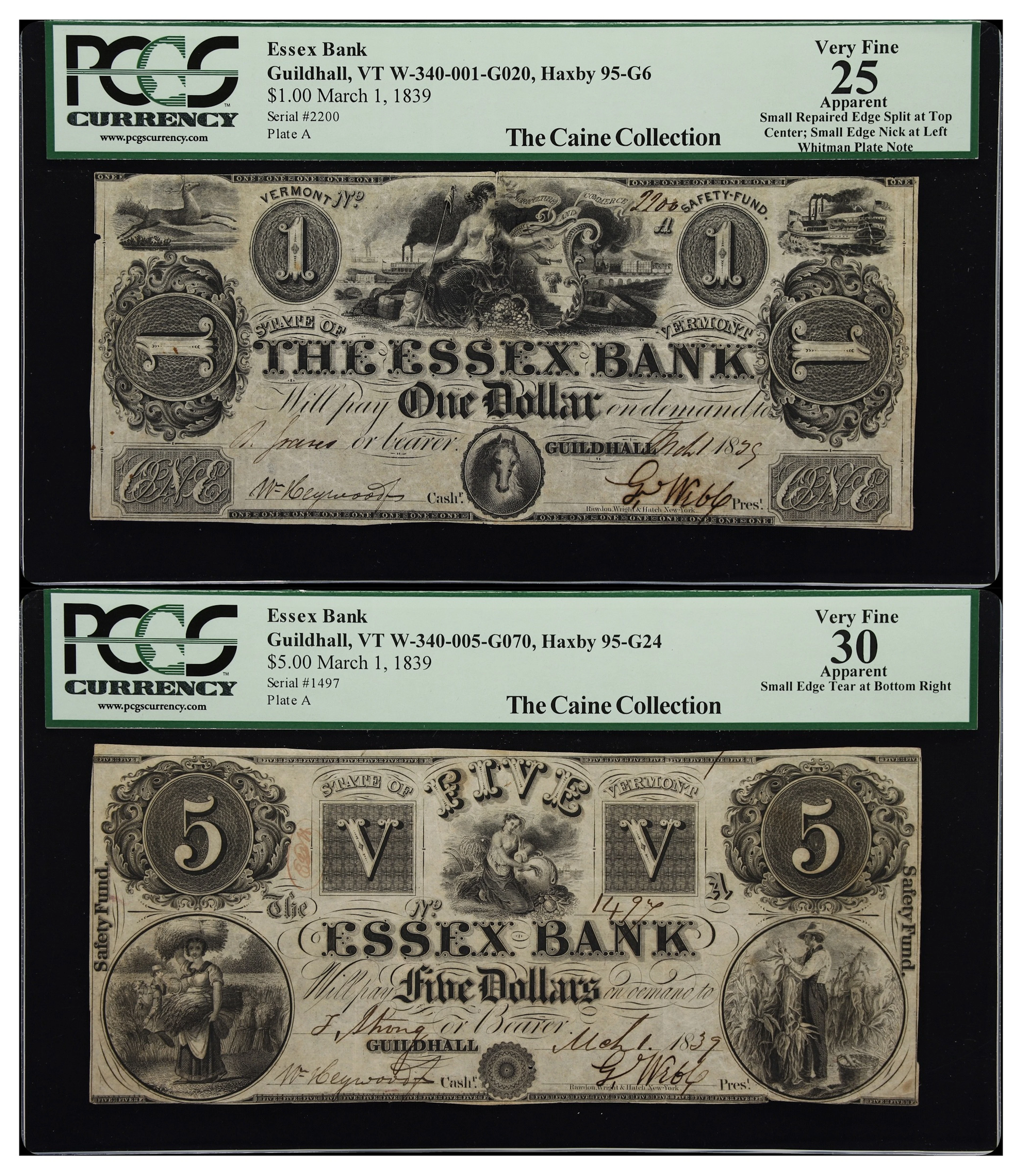 Lot of (2) Guildhall, Vermont. Essex Bank. 1839 $1 & $5. PCGS Currency