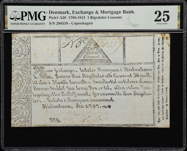(◊) DENMARK. Exchange & Mortgage Bank. 1 Rigsdaler Courant, 1797.