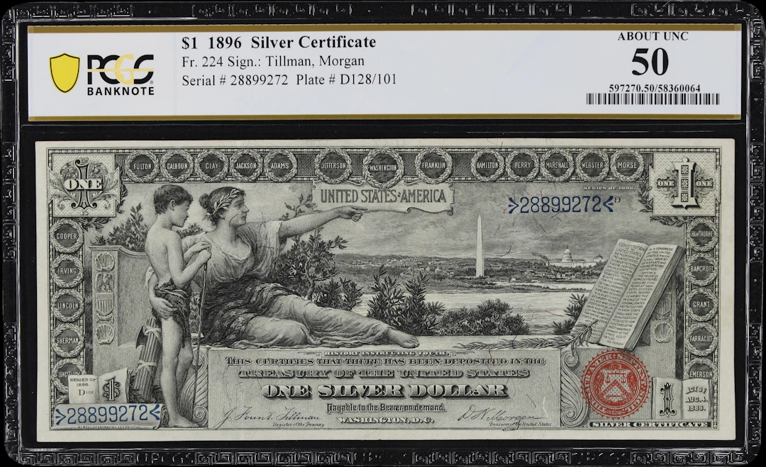 Fr. 224. 1896 $1 Silver Certificate. PCGS Banknote About Uncirculated 50.