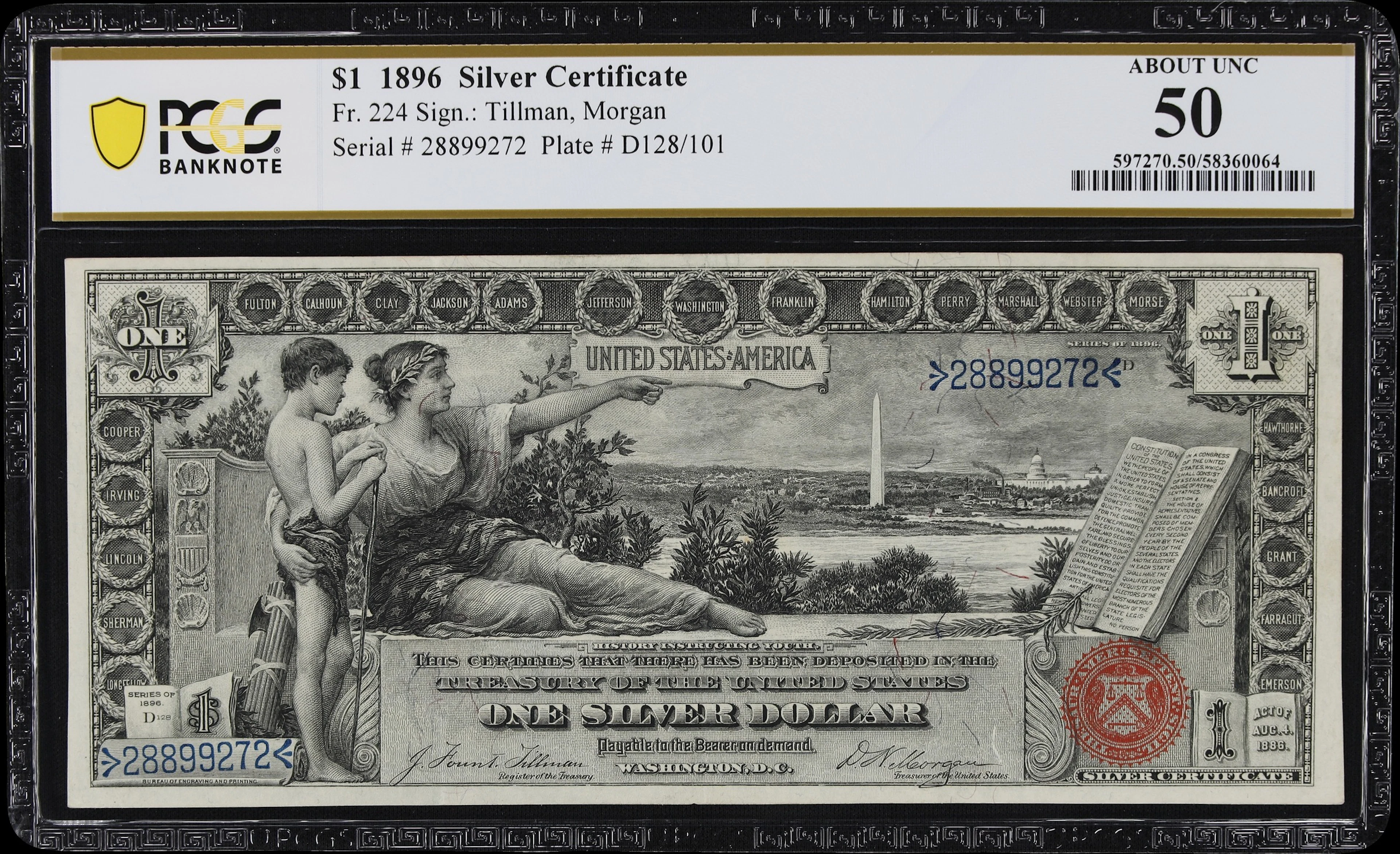 Fr. 224. 1896 $1 Silver Certificate. PCGS Banknote About Uncirculated 50.