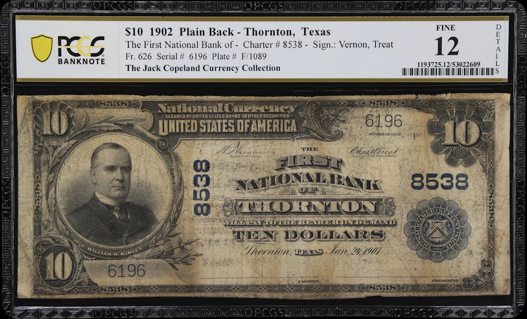 Thornton, Texas. $10 1902 Plain Back. Fr. 626. First NB. Charter #8538.