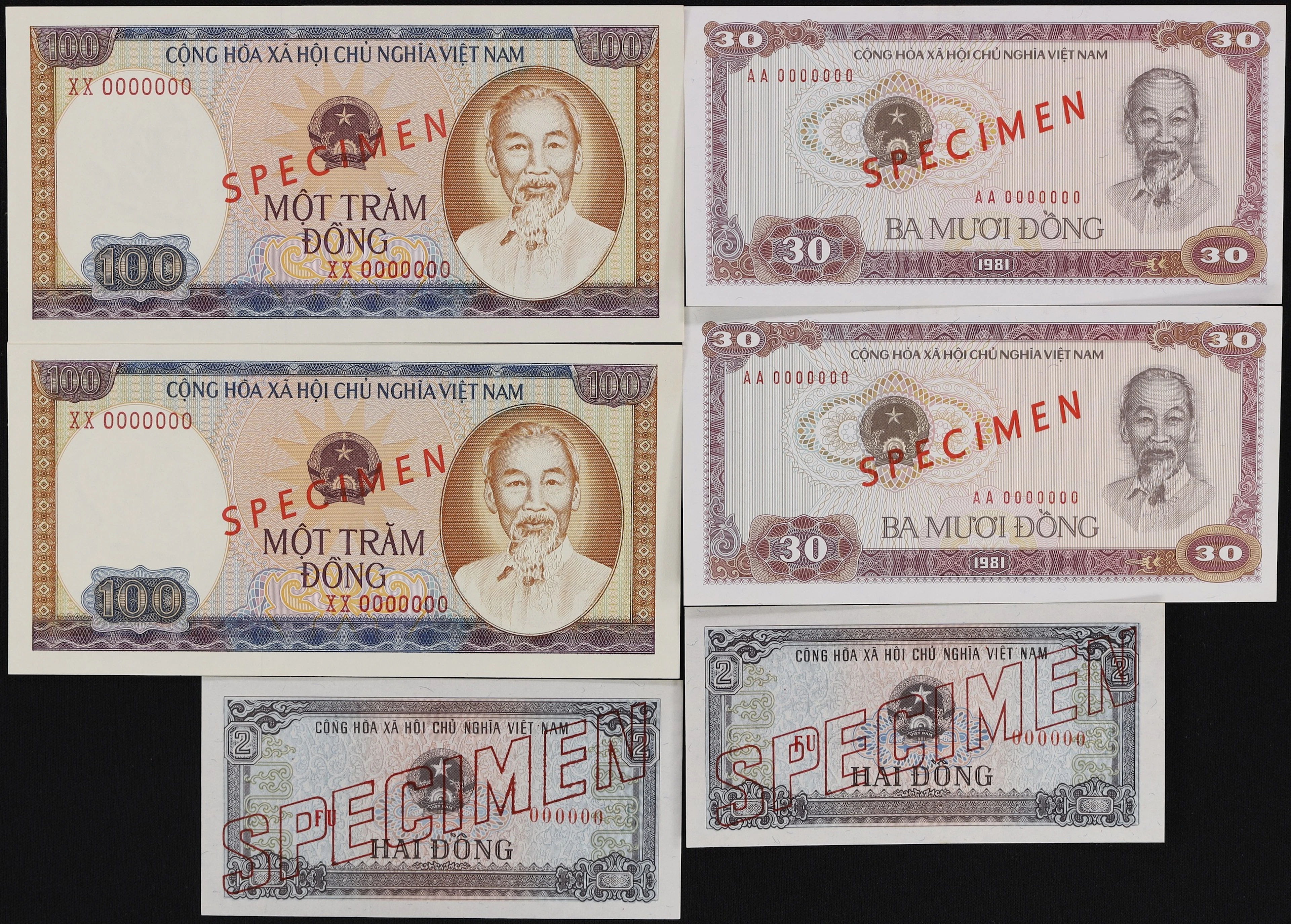 VIETNAM. Lot of (6). State Bank of Vietnam. 2, 30, & 100 Dong, 1980-81.