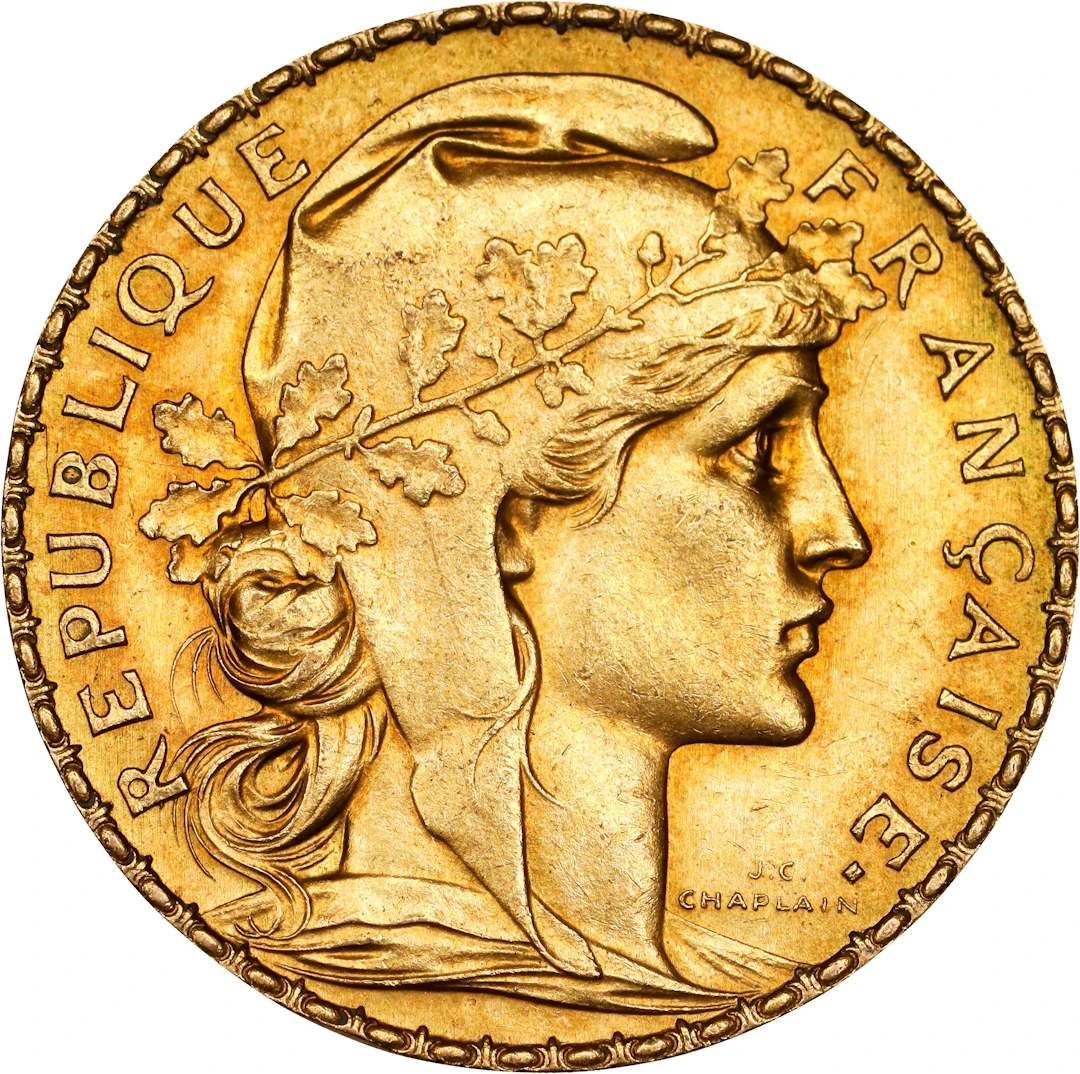 (0.187 oz, 5.816 g AGW). France. 1908 Gold 20 Francs.