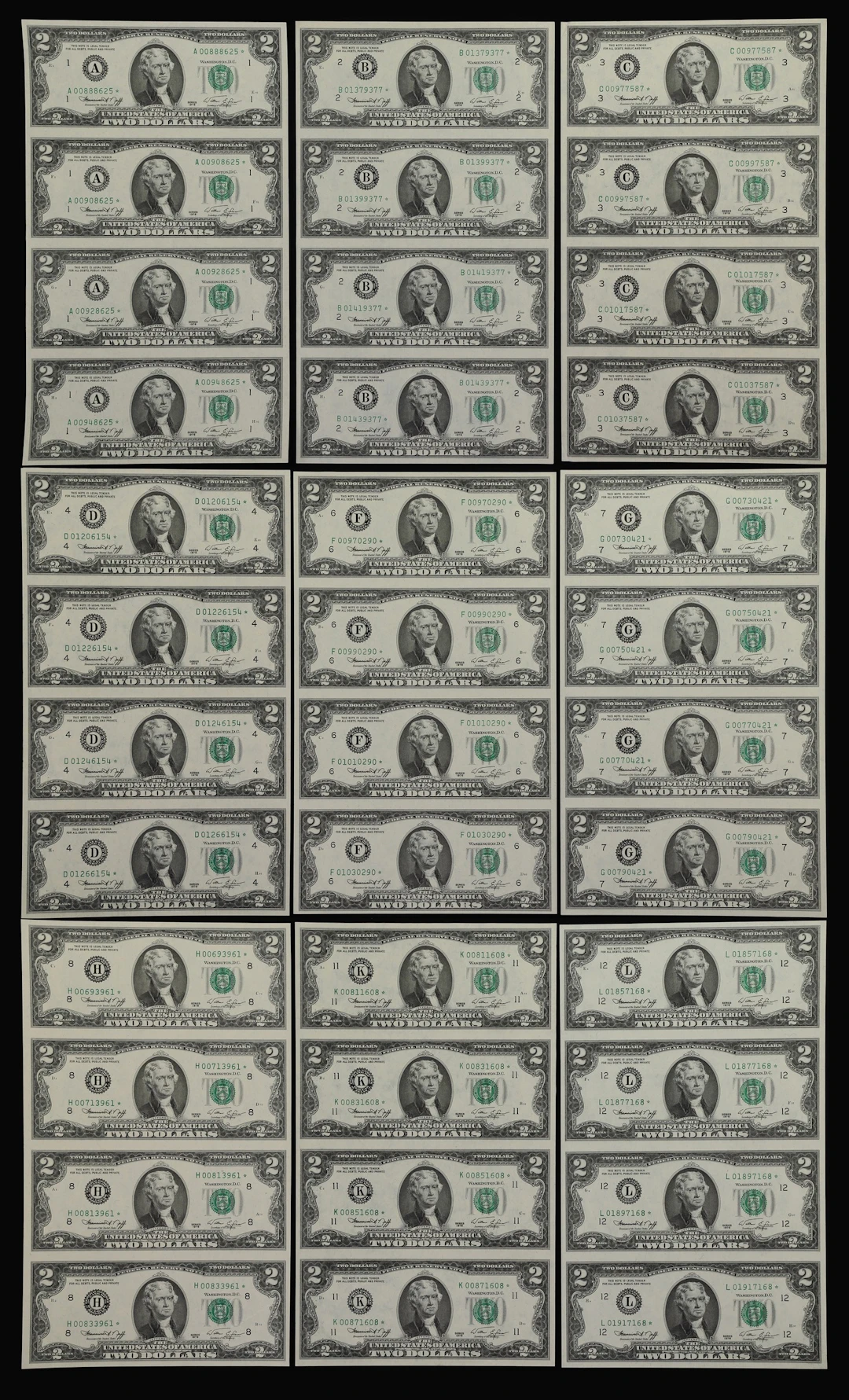 Lot of (9) Uncut Subject Sheets of (4). 1976 $2 Federal Reserve Star