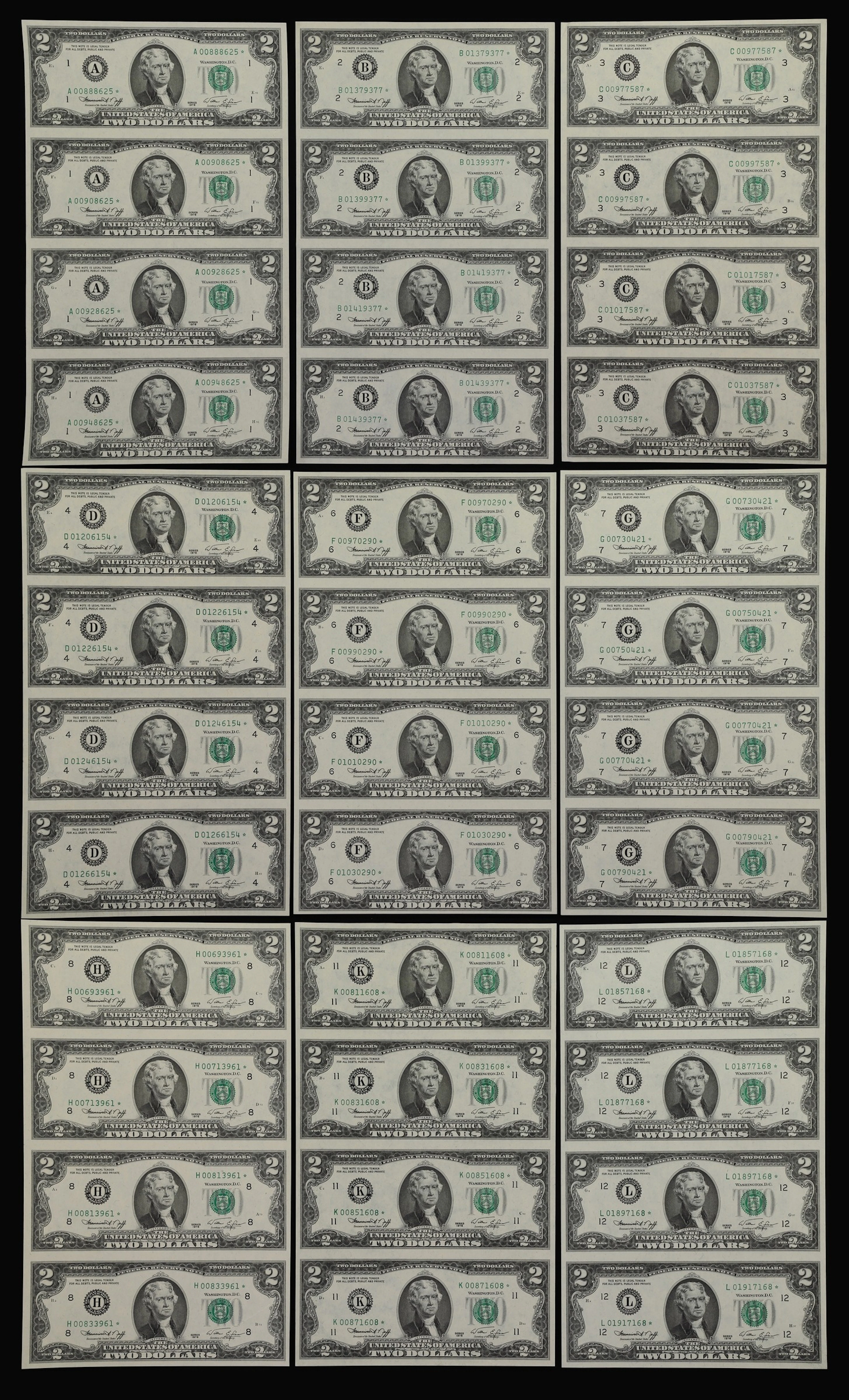 Lot of (9) Uncut Subject Sheets of (4). 1976 $2 Federal Reserve Star