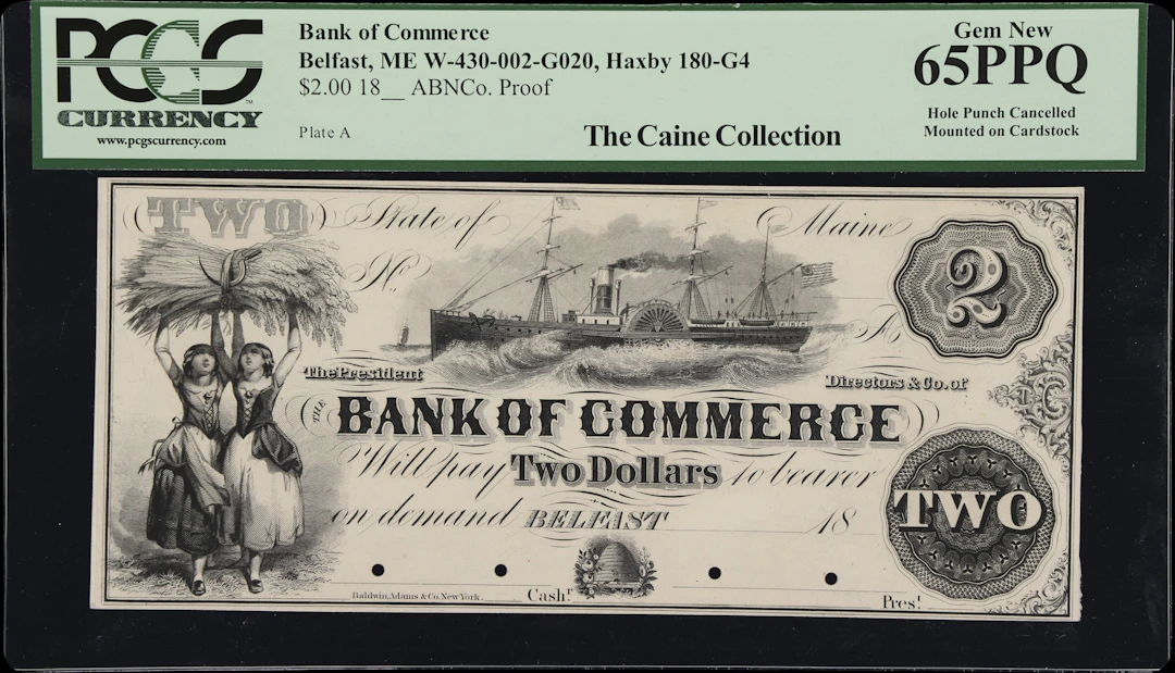 Belfast, Maine. Bank of Commerce. 18xx $2. PCGS Currency Gem New 65