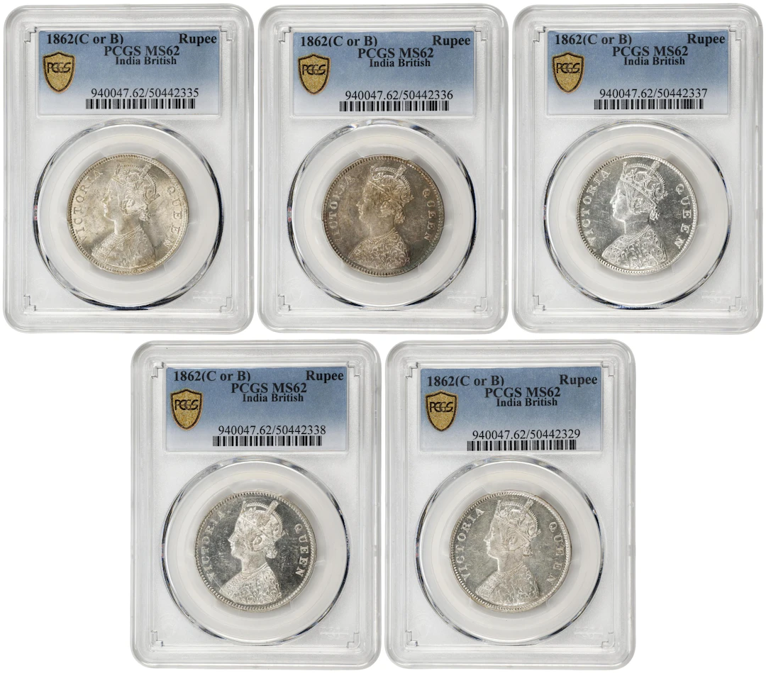 INDIA. Quintet of Rupees (5 Pieces), 1862-(B). Bombay Mint. Victoria.