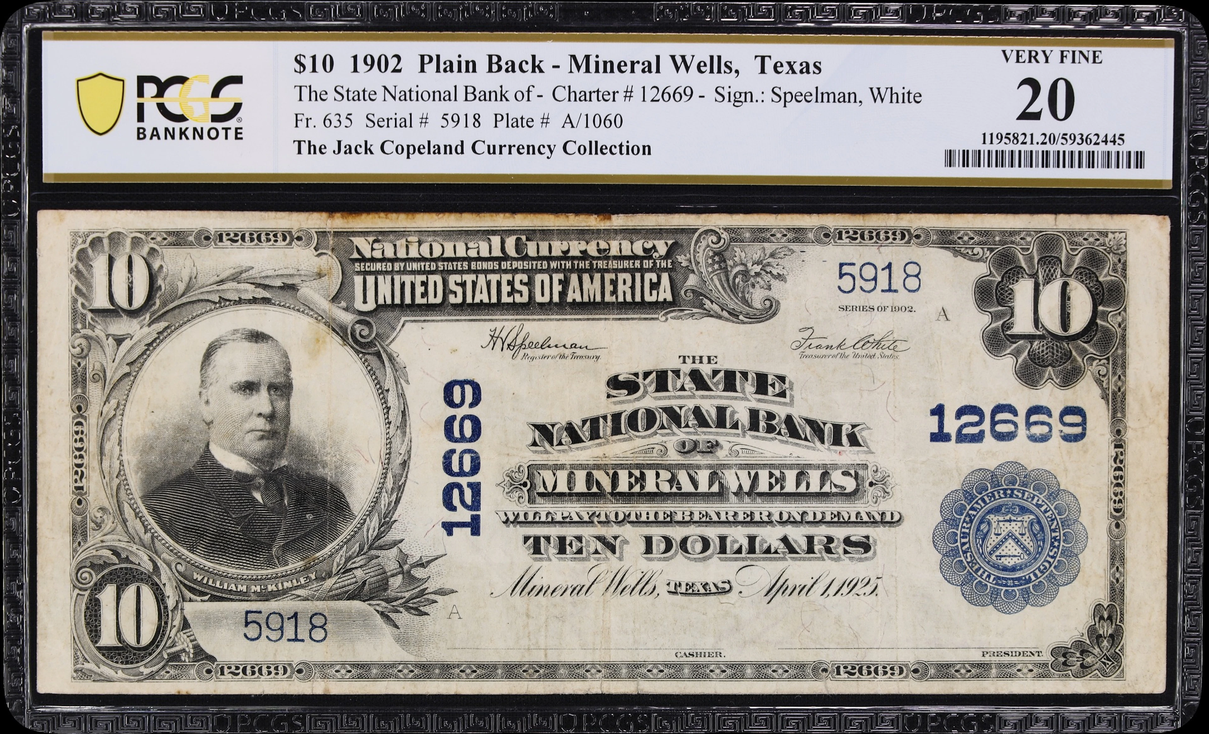 Mineral Wells, Texas. $10 1902 Plain Back. Fr. 635. State NB. Charter
